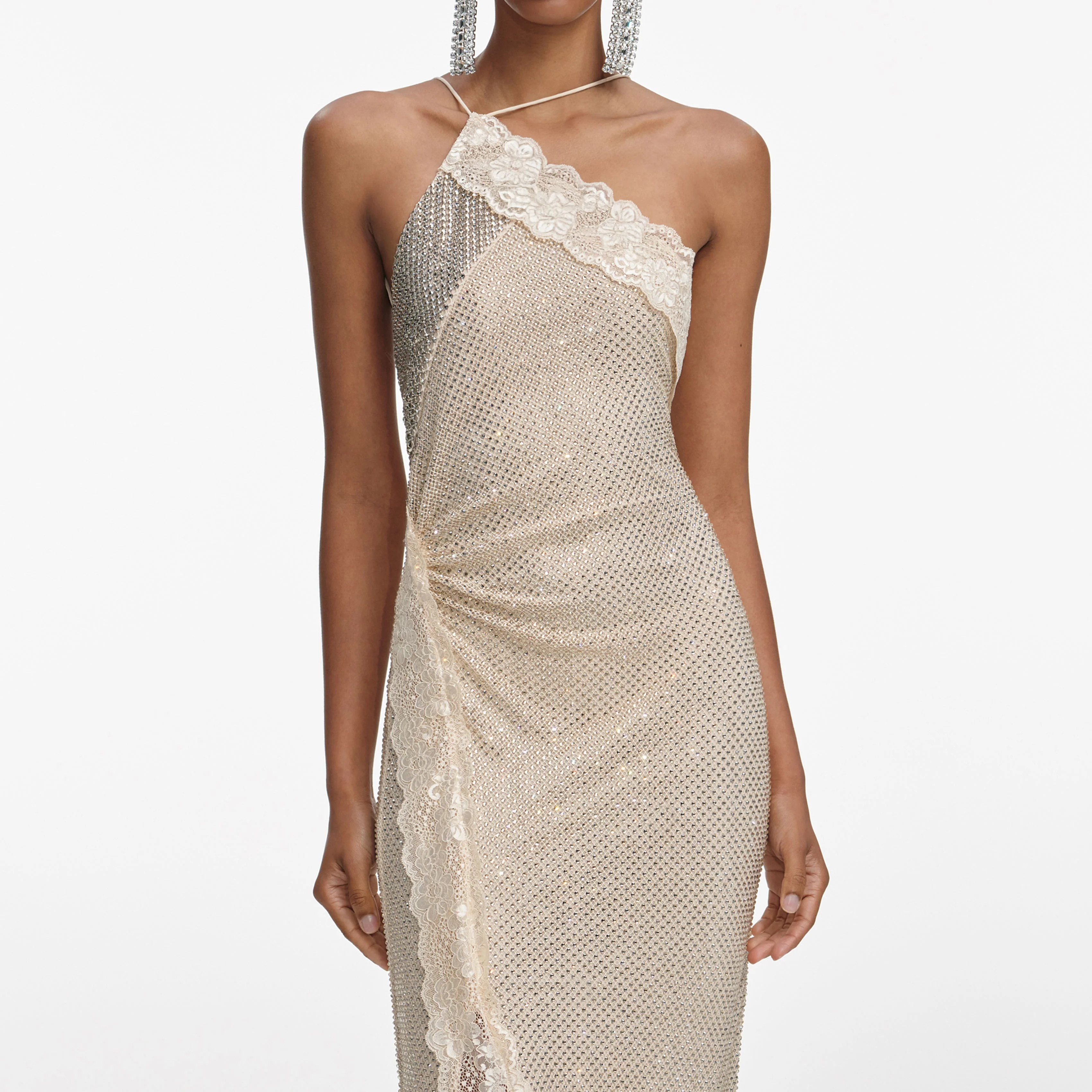 Woman's Dinner Showstopper Light Apricot Gilded One-Shoulder Formal Dress: Lace Rhinestone Cutout Waist Backless Slit, Full Atmosphere