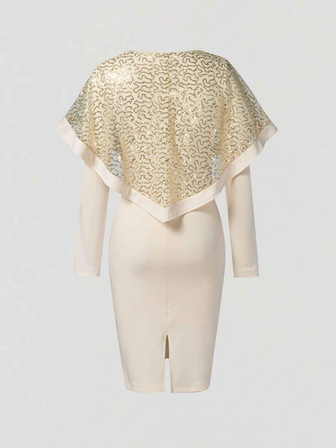 Woman's Beige Sequin Cape-Overlay Long Sleeve Bodycon Midi Dress