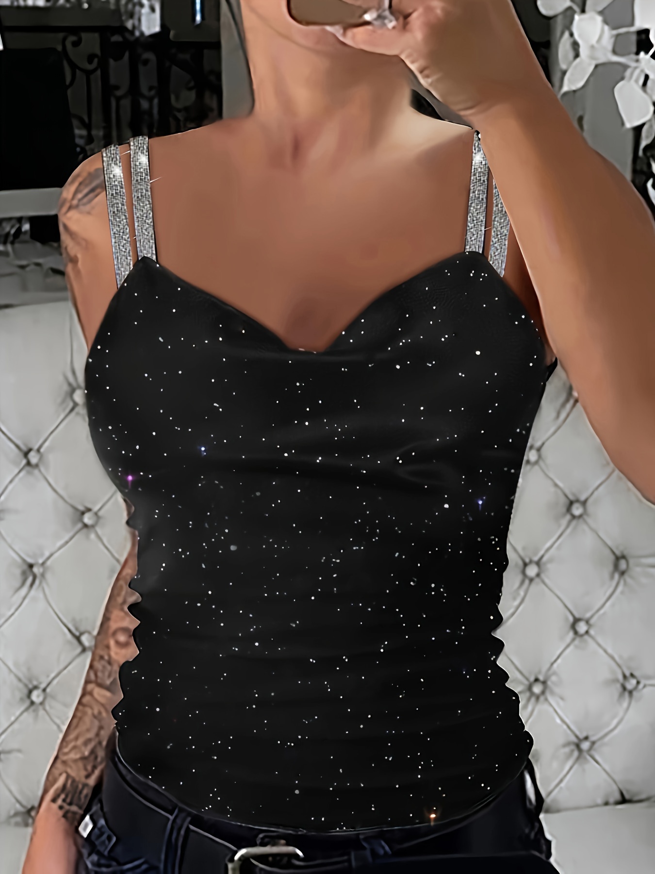 Black Sparkly Camisole with Rhinestone Straps