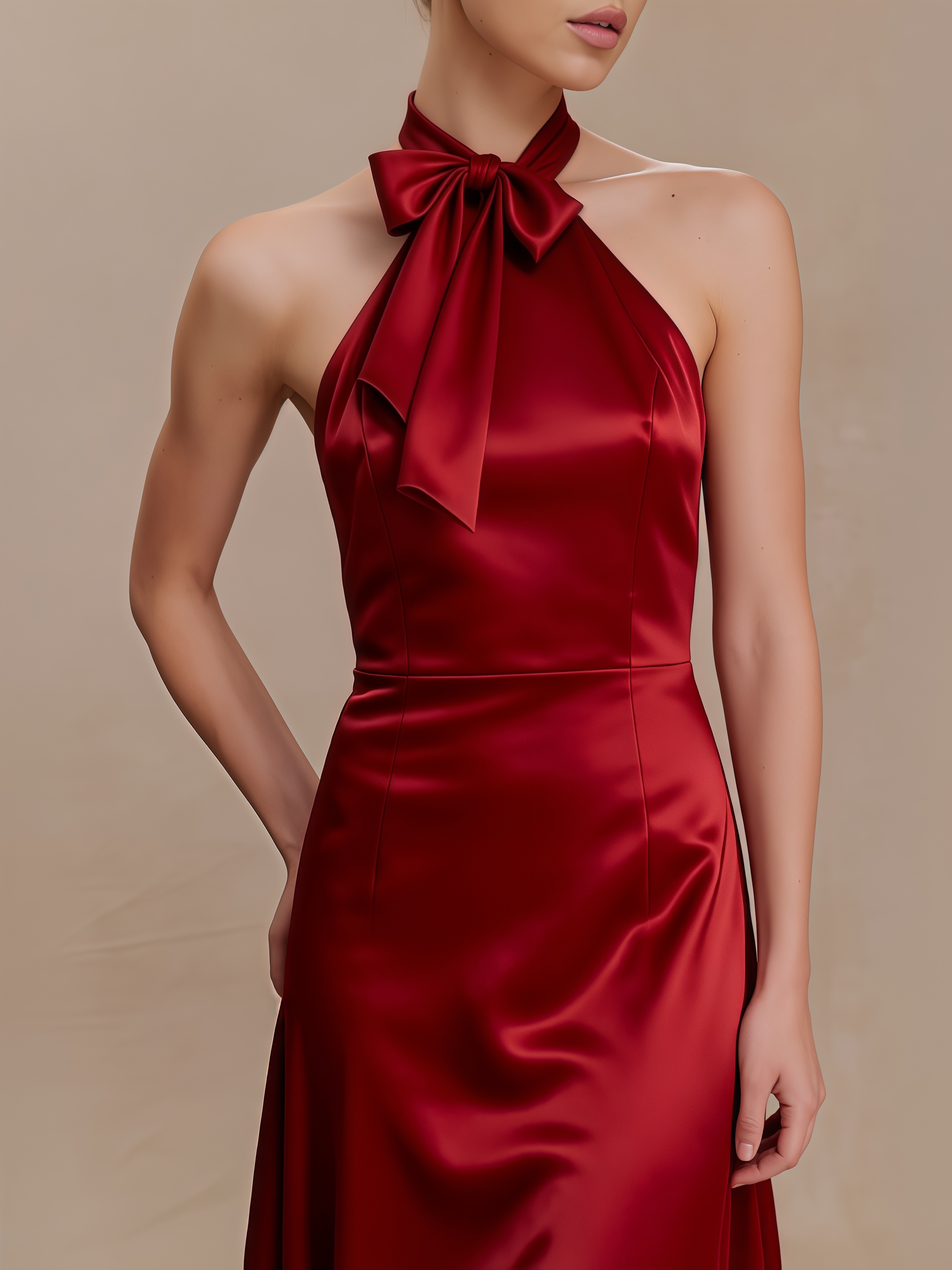 2026 Spring Summer Burgundy Satin Halter Formal Dress : Bow Tie Backless Maxi Sexy Dress
