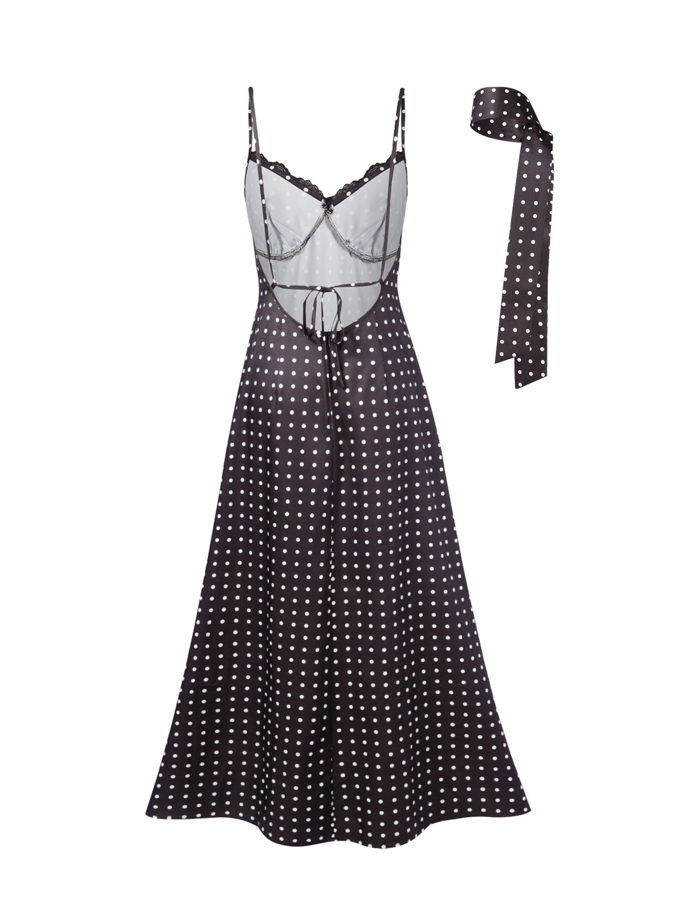 Woman's Polka Dot Lace Cami Maxi Dress with Neck Tie
