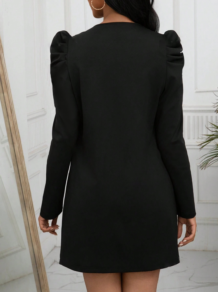 Black Scallop Edge Puff Shoulder Open Front Coat