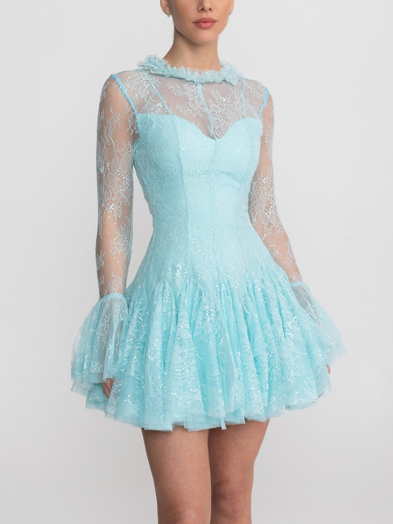 Women's Vintage Lace Tiered Mini Dress - Long Bell Sleeves & Sheer Mesh Neckline