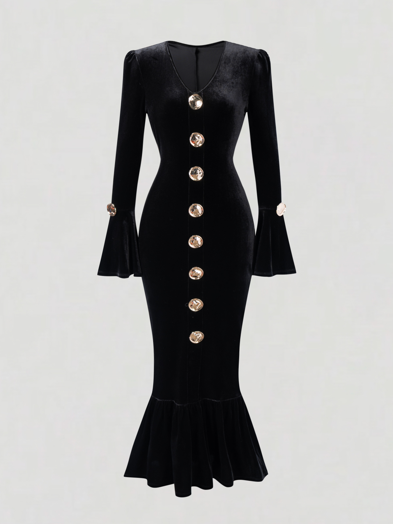 Woman‘s Black Velvet V-Neck Bell Sleeve Button-Embellished Mermaid Maxi Dress