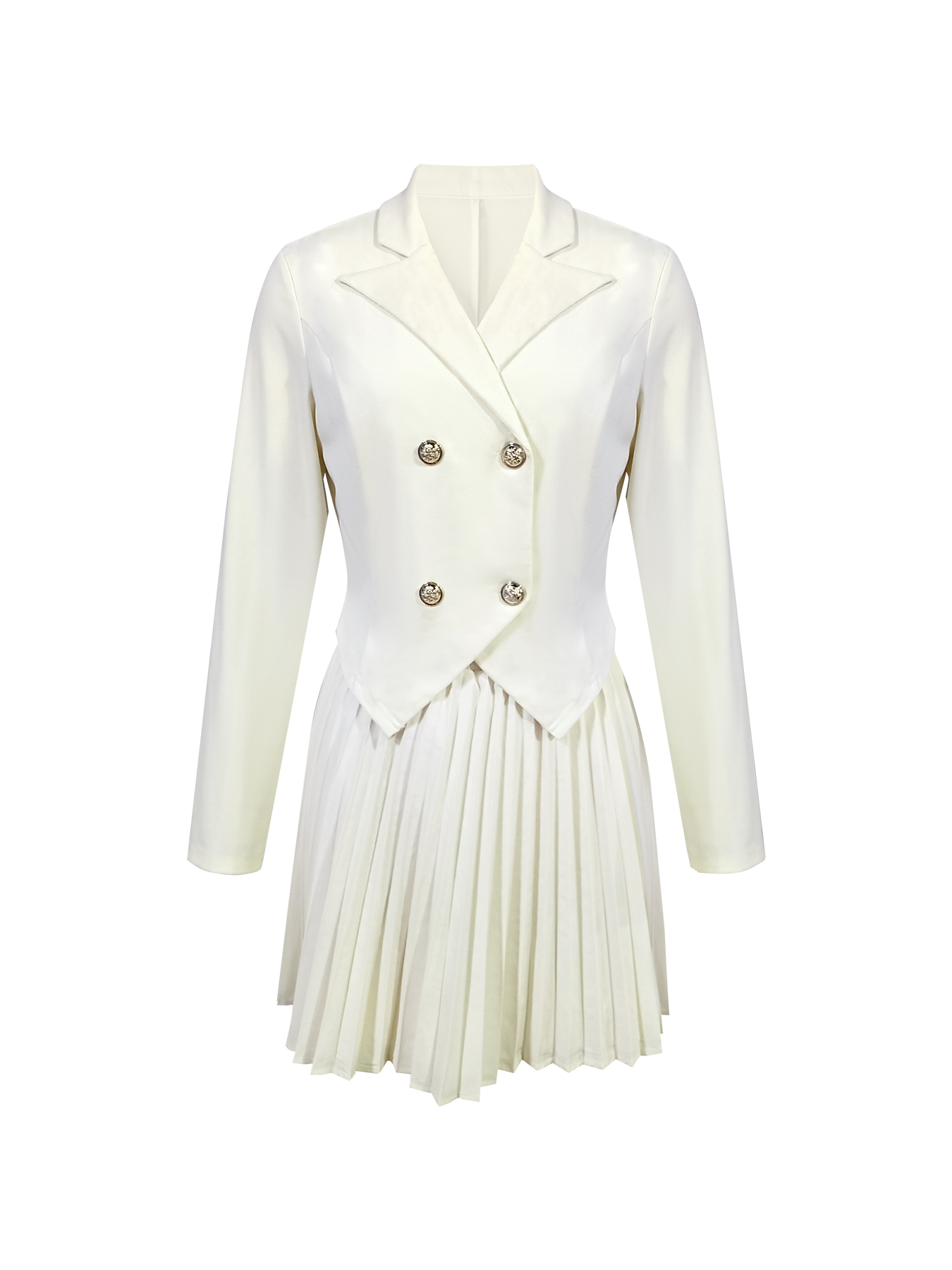 Women's White Double-Breasted Blazer and Pleated Mini Skirt Set