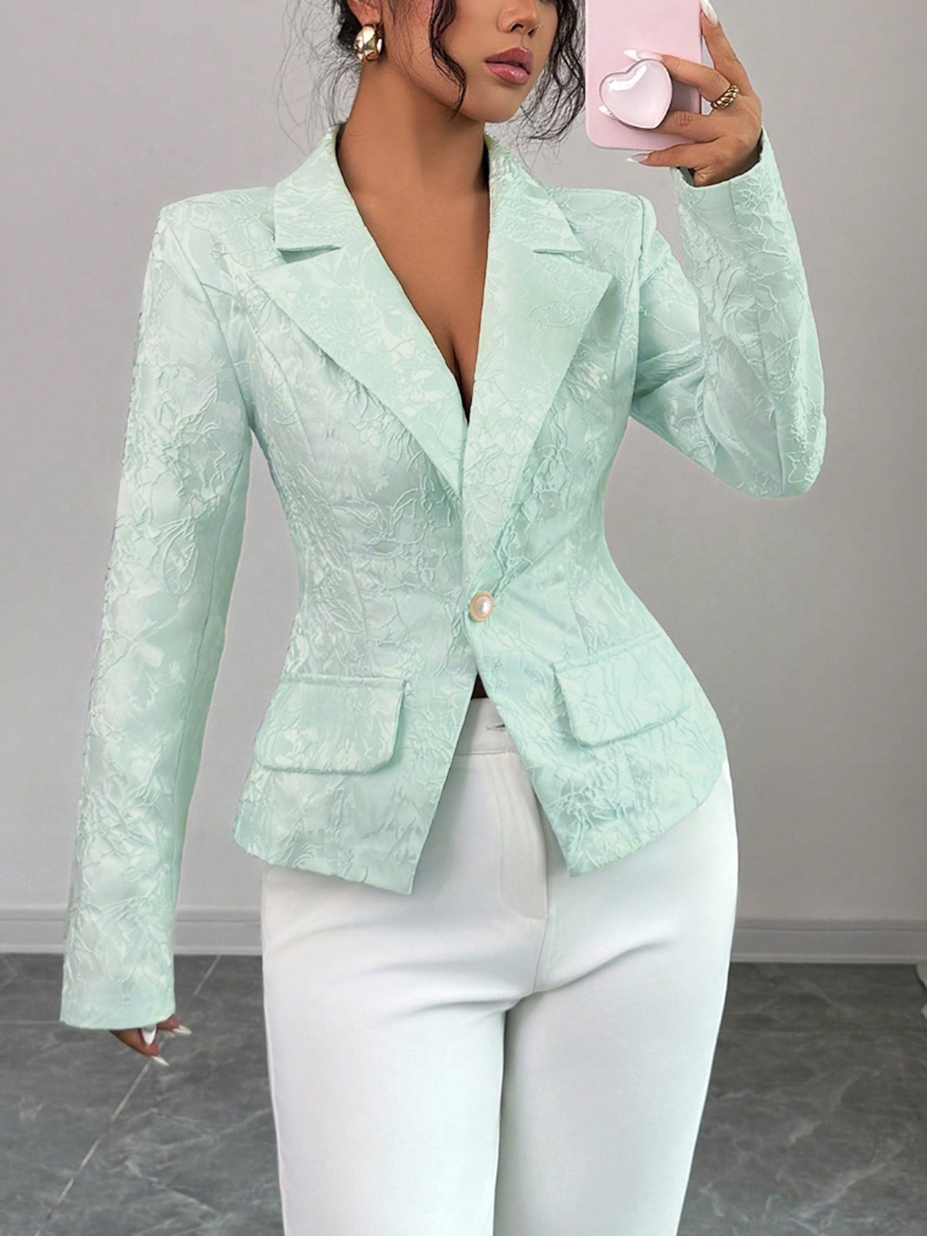 Green Tie Flower Closed-Way Suit Jacket Female Single-Line Pearl Button Style Small Suit