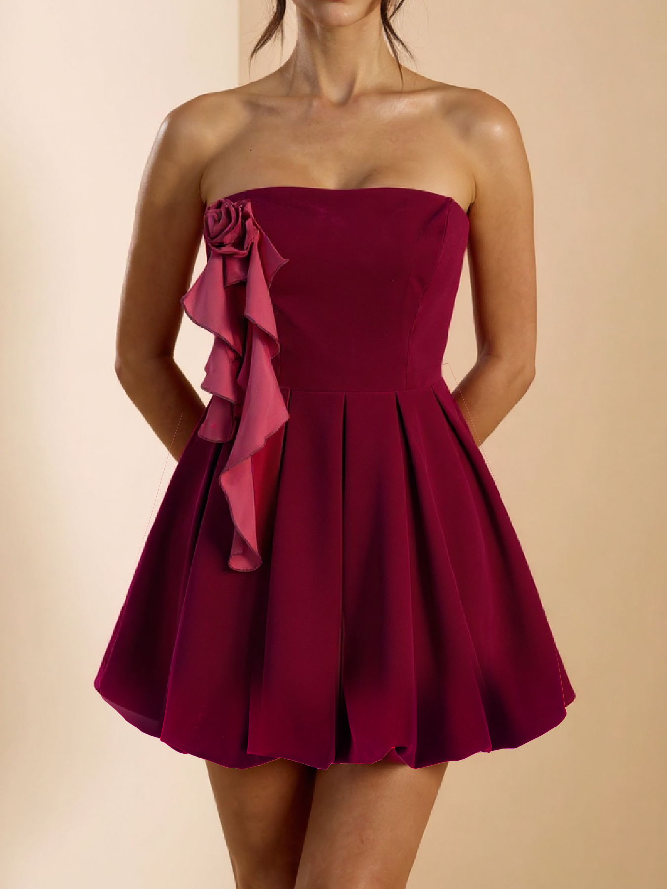 Women's Burgundy Strapless 3D Rose Ruffle Mini Prom Dress-Aetheryn