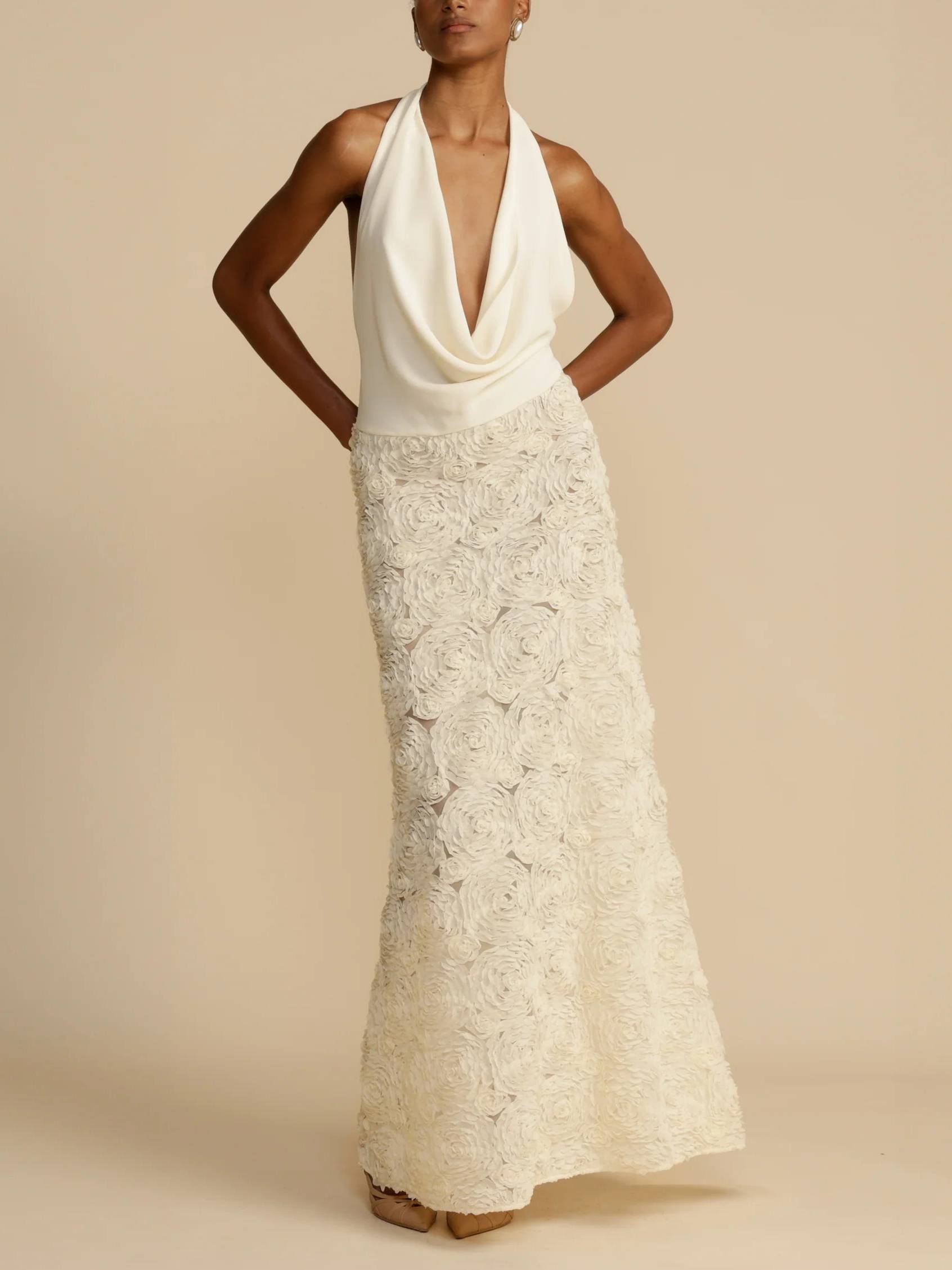 Halter Deep V Backless 3D Rose Lace Maxi Dress 