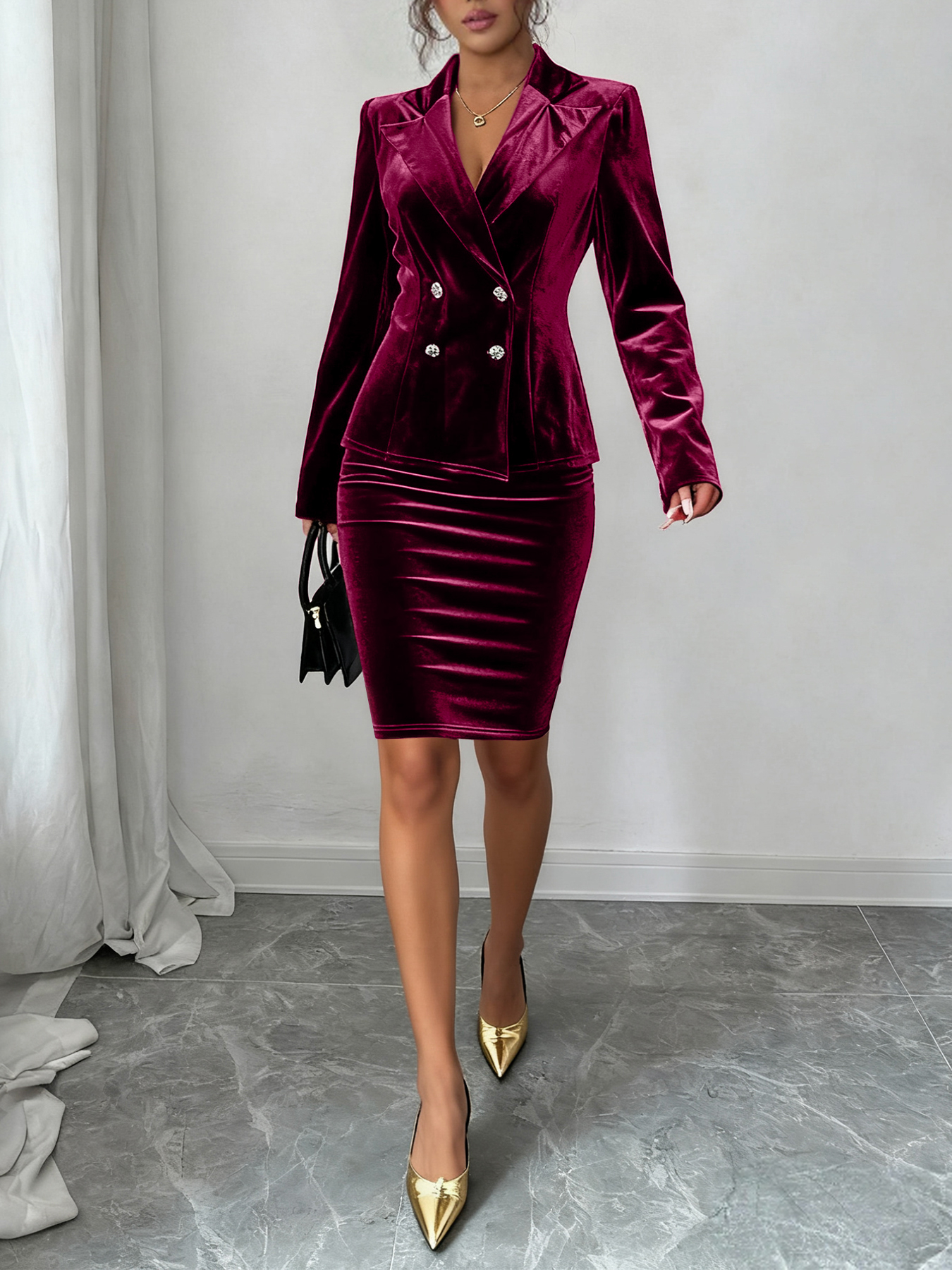Woman's Burgundy Velvet Double-Breasted Blazer and Pencil Skirt Set