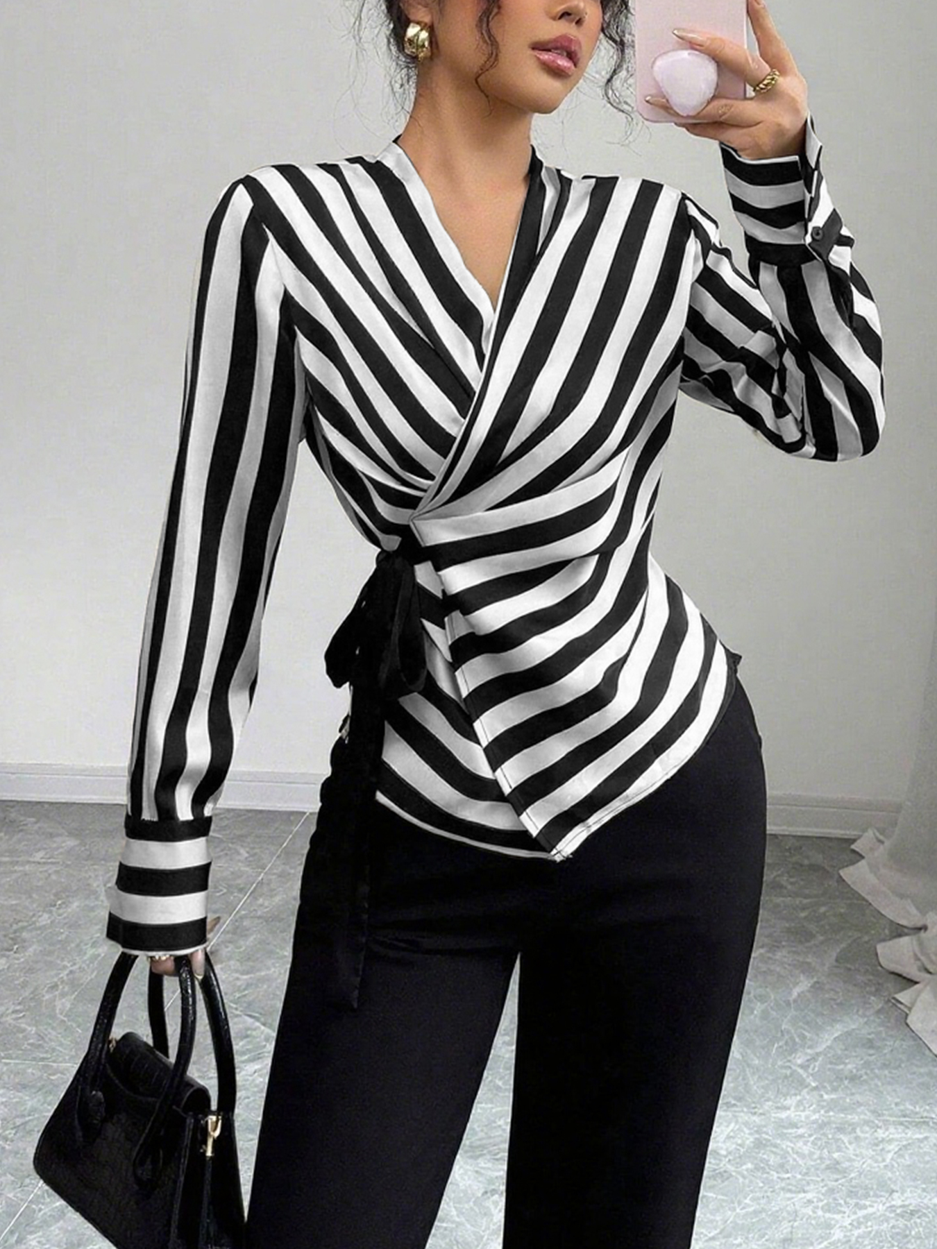 Women's Black White Striped Wrap Satin Blouse