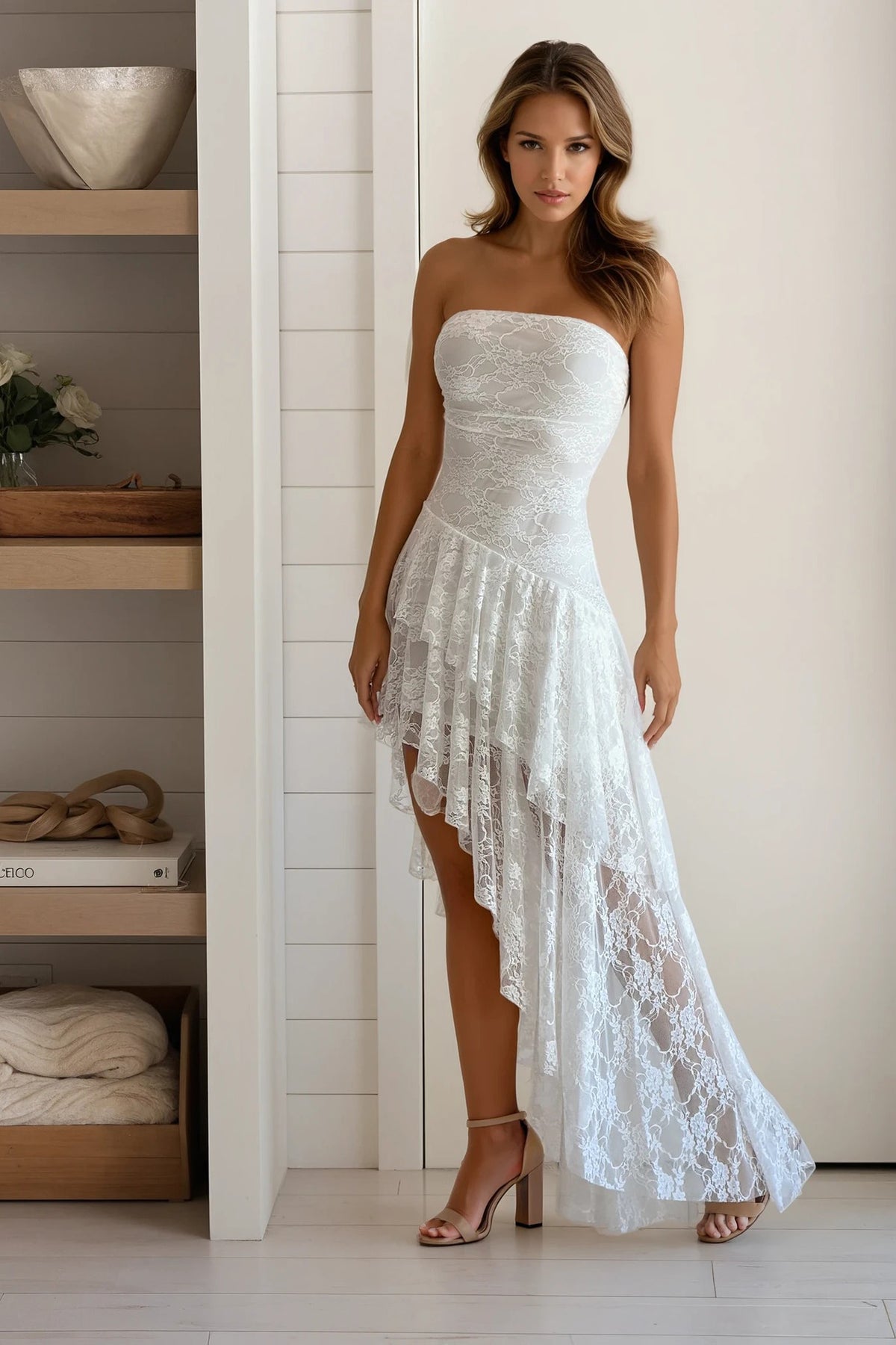Women's Haute Couture Style Strapless Asymmetrical Lace Dress : Waist-Cinched Sheer Elegant Maxi Dress
