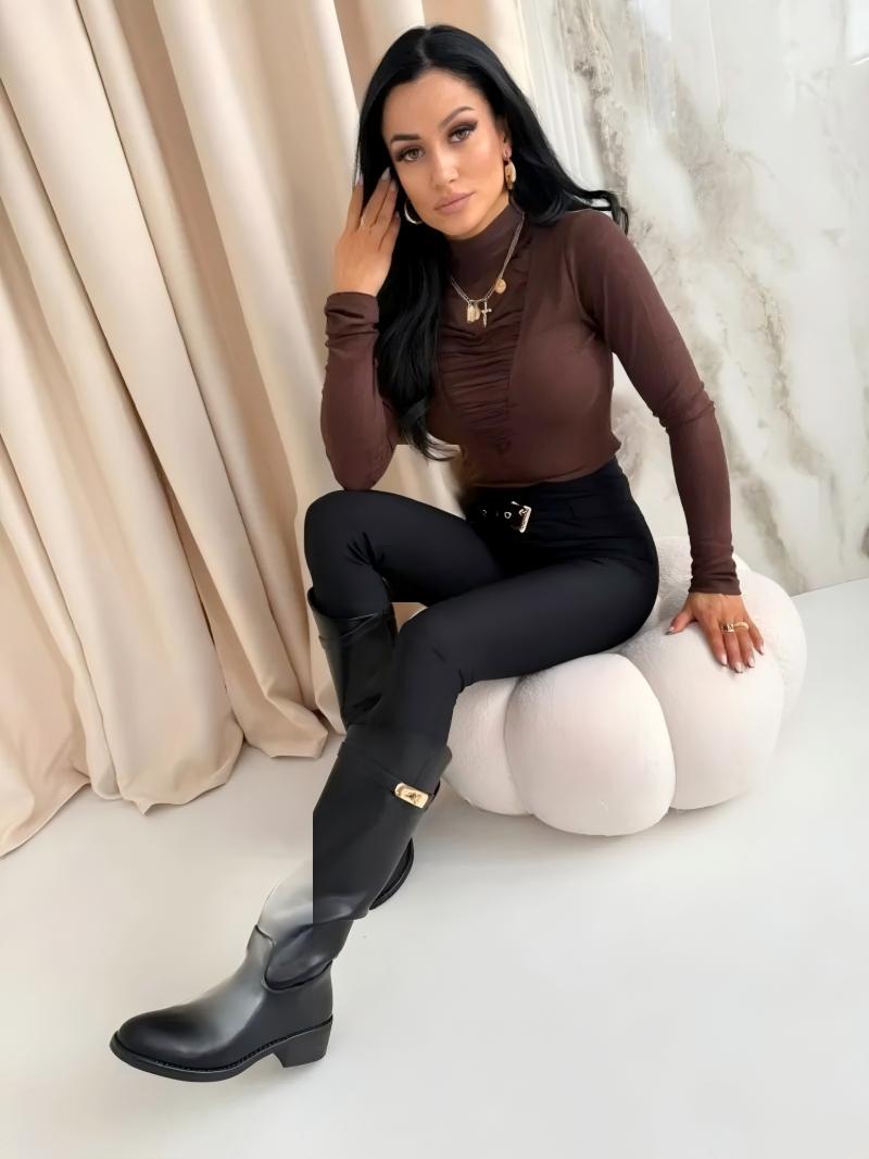 Woman's Mock Neck Long Sleeve Ruched Front Fitted Top