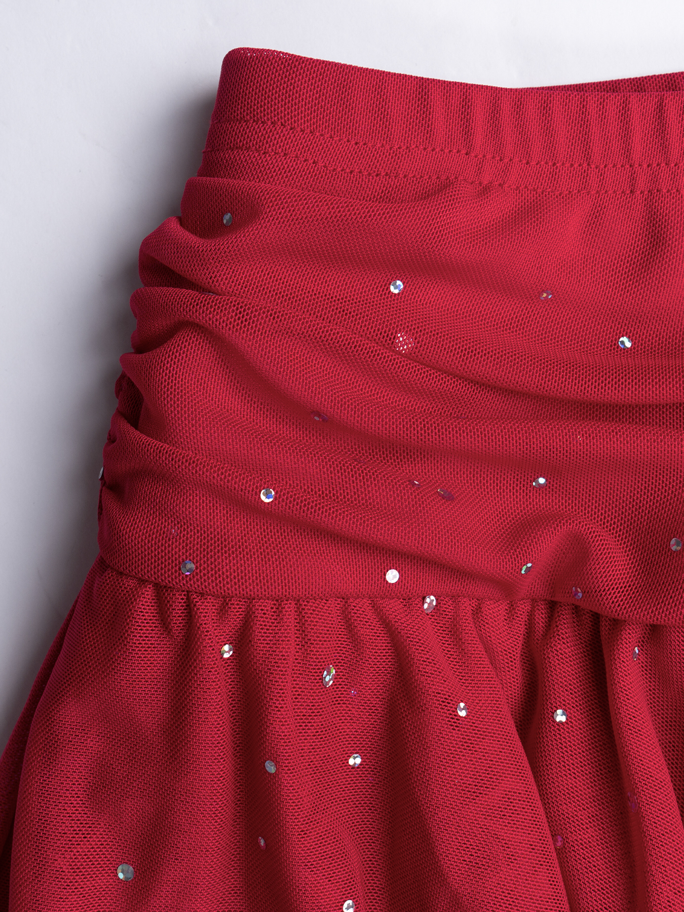 Woman's Red Glitter Ruched Drawstring Tiered Ruffle Mini Skirt