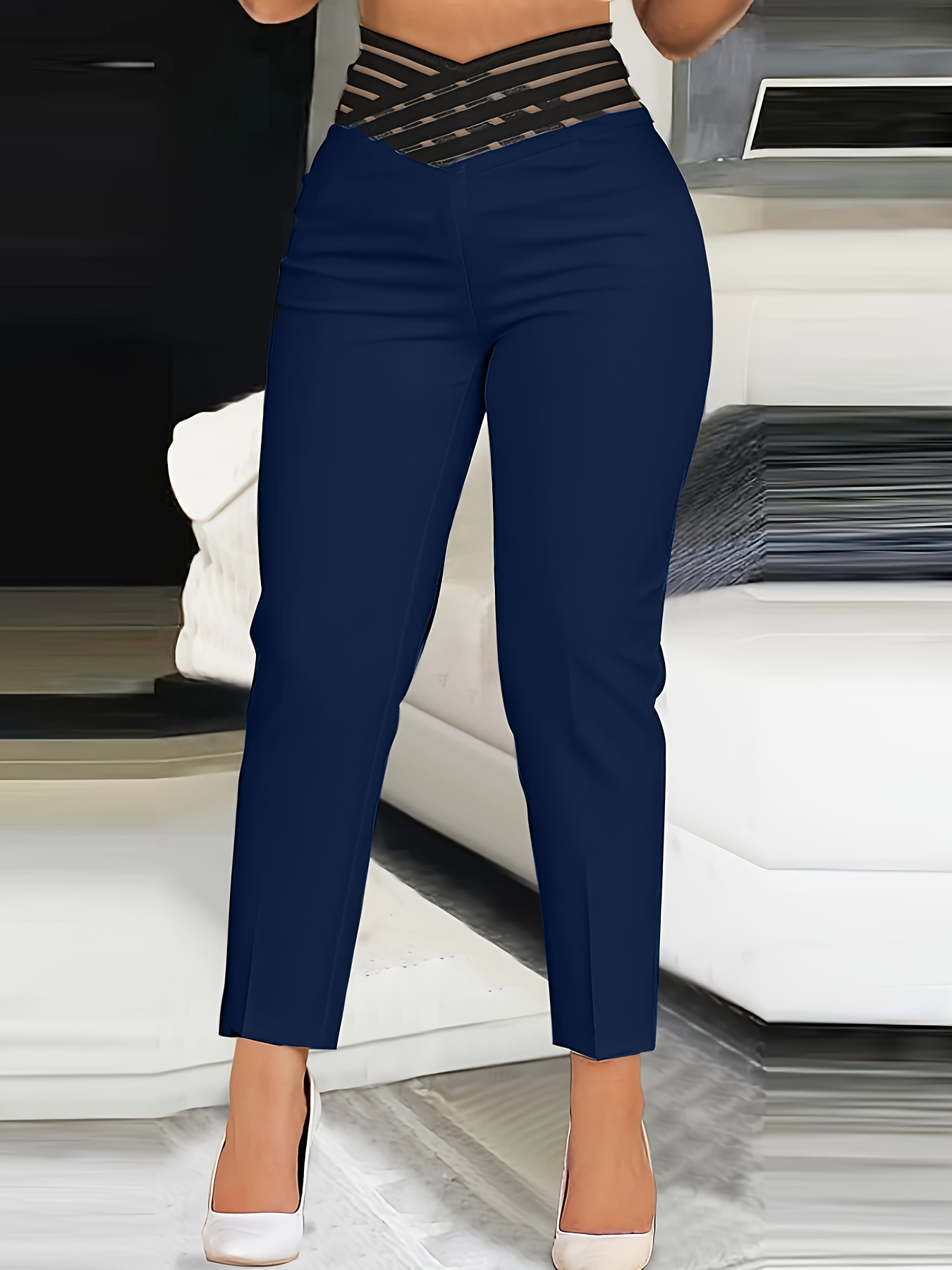 Women's High-Waisted Cropped Trousers with Mesh Detail