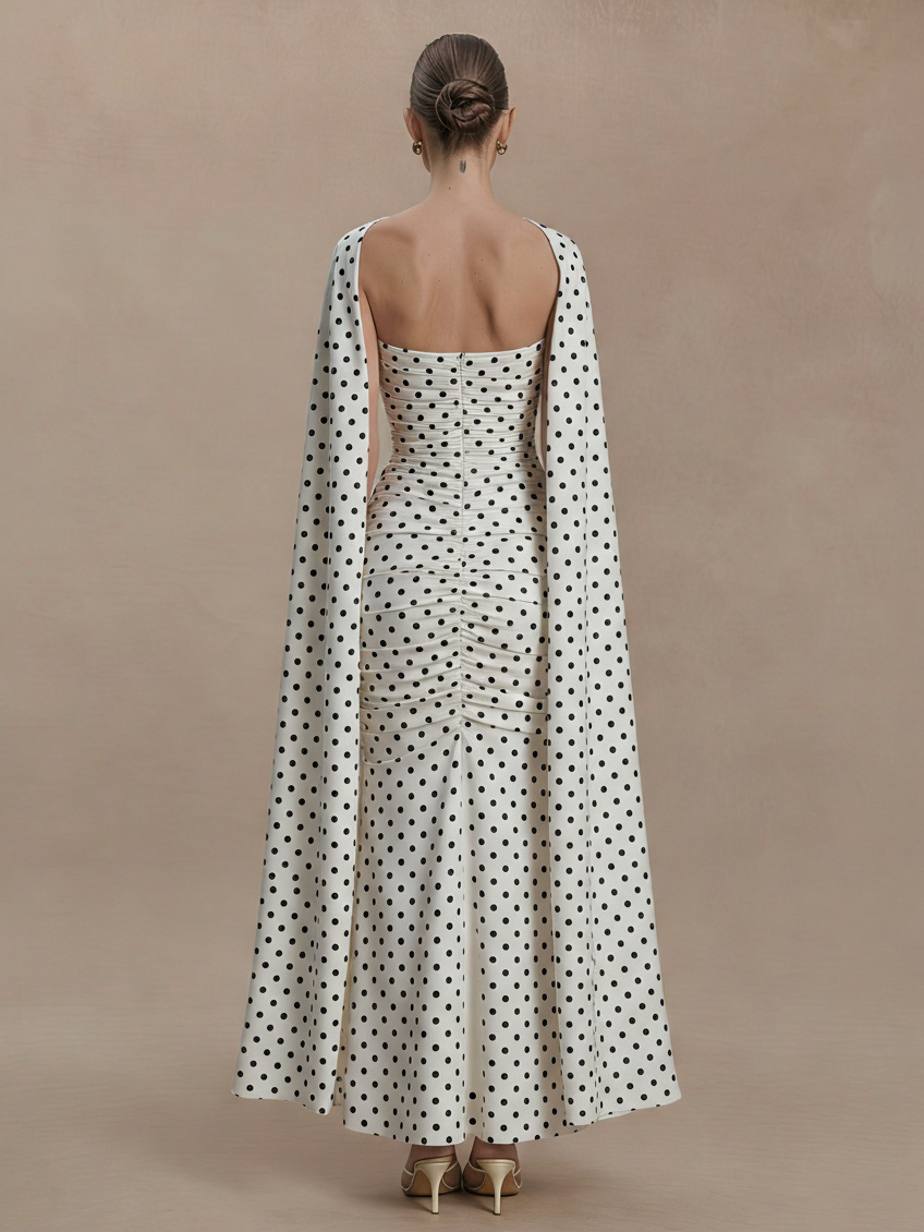 Elegant Hepburn Style Polka Dot Maxi Dress - Halter Neck, Off-Shoulder Sleeves & Shirred Waist