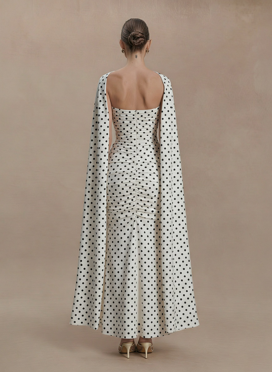 2026 Spring Summer Vintage Hepburn Style Polka Dot Maxi Dress - Halter Neck, Off-Shoulder Sleeves & Shirred Waist-Aetheryn