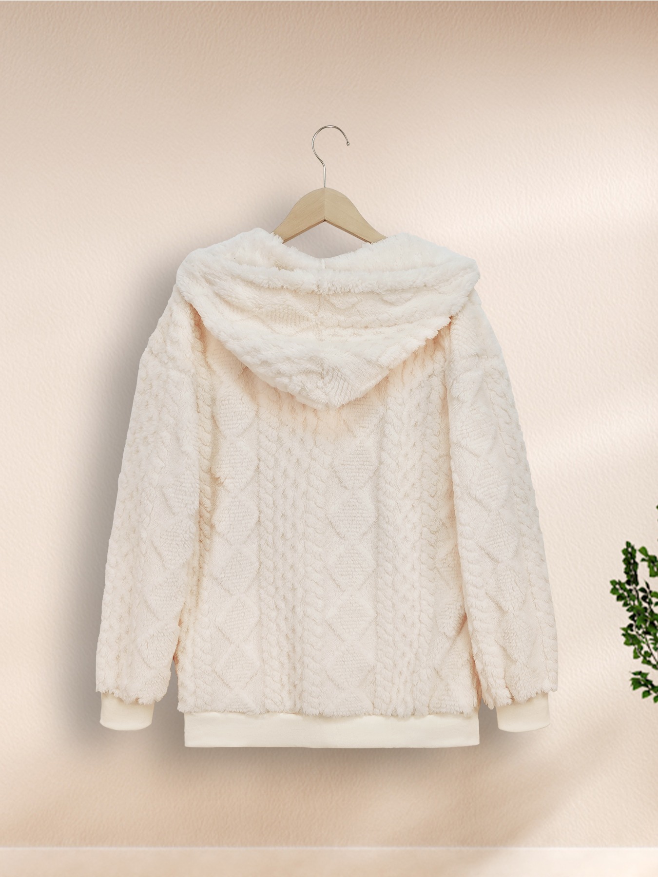 Beige-white hooded lambskin jacket Women‘s zippered loose thermal jacket Fall-winter casual fleece cardigan