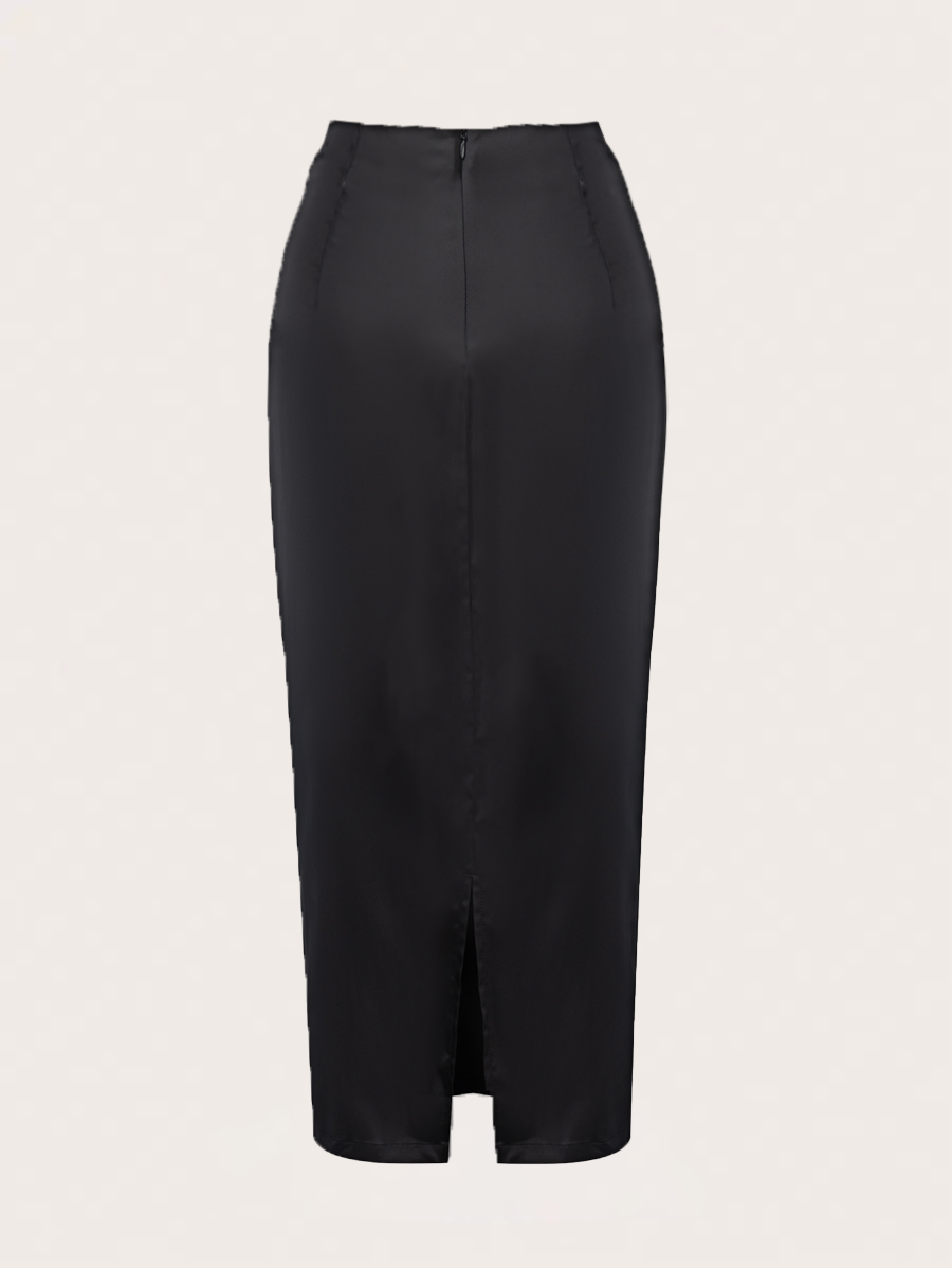 Women's Black Satin Midi Skirt with Ruched Detail and Back Slit