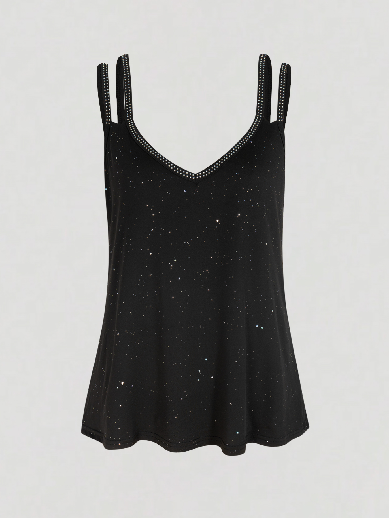 Women's Black Glittery Camisole with Rhinestone - Trimmed Straps