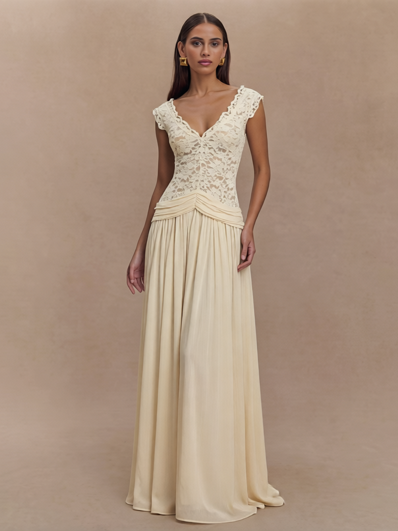 French Retro Style V-Neck Flutter Sleeve Lace Pane Maxi Dress