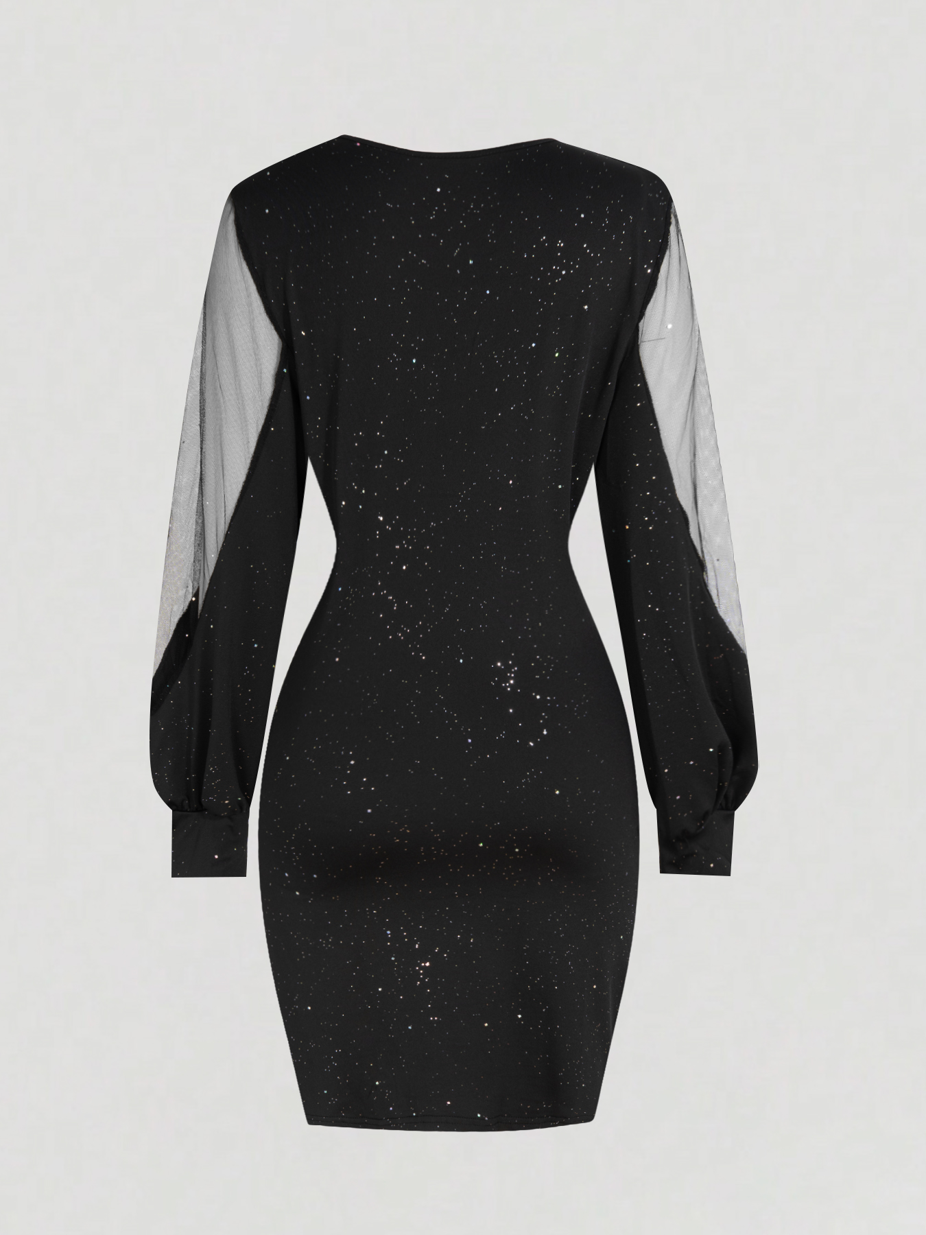 Women's Black Glitter Mesh Long Sleeve Bodycon Mini Dress