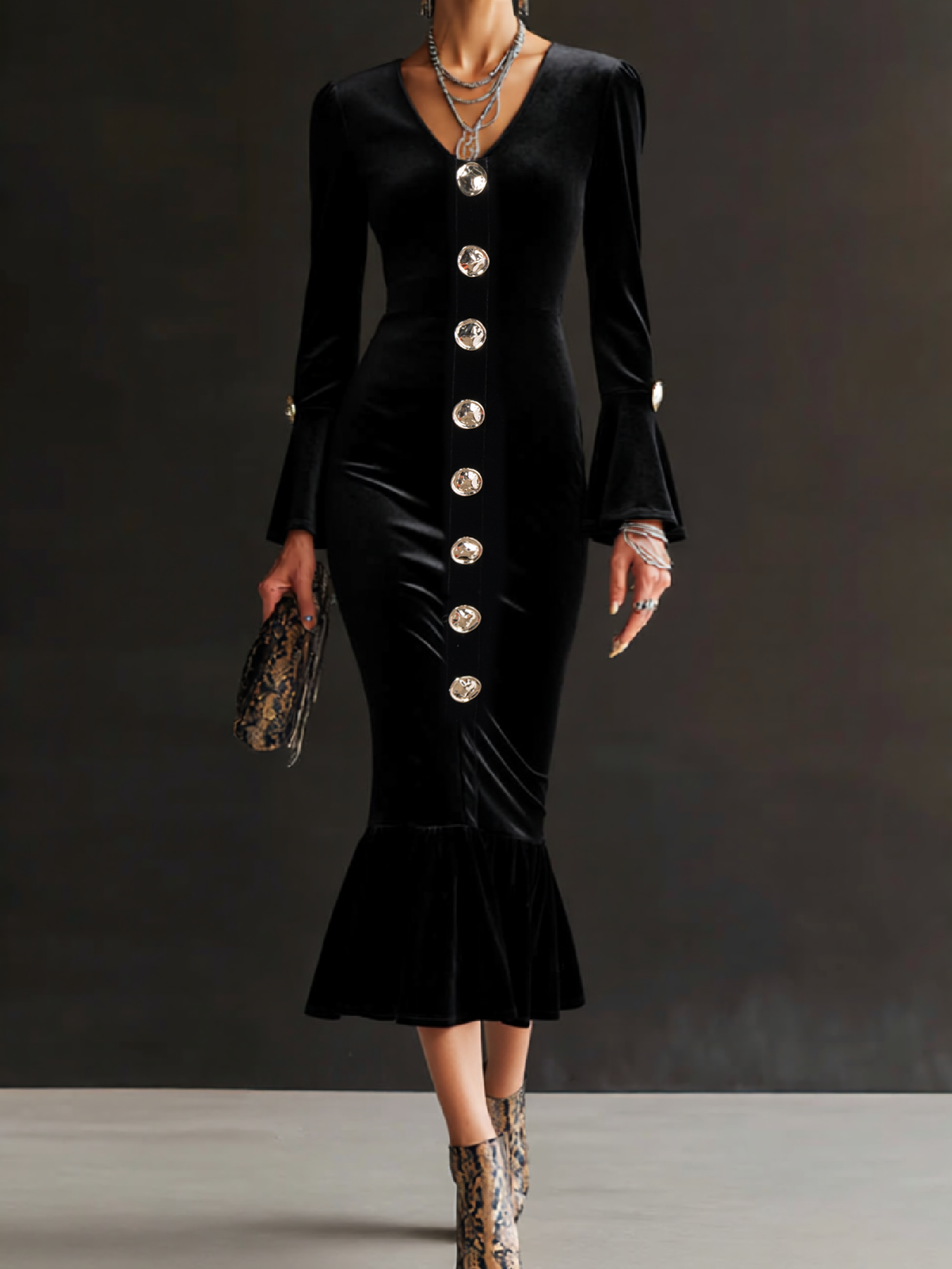 Woman‘s Black Velvet V-Neck Bell Sleeve Button-Embellished Mermaid Maxi Dress