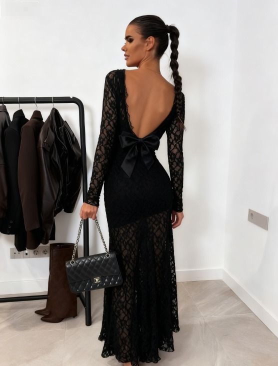 Black lace halter dress, long sleeve slimming fishtail dress, dinner party hot girl style sexy dress