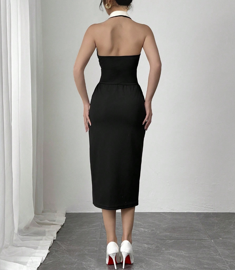 Women's Black Contrast Collar Double-Breasted Midi Dress