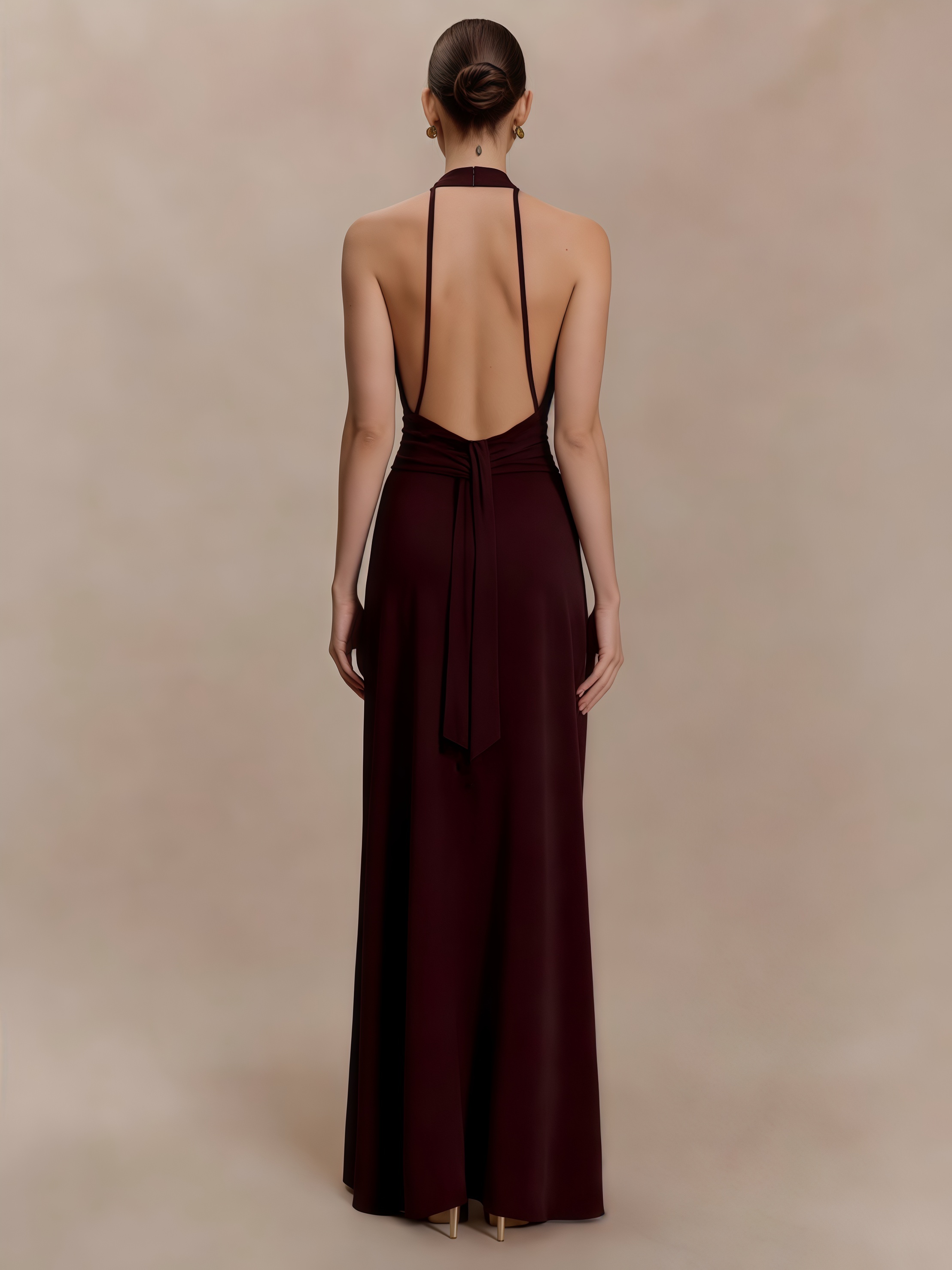 2026 Spring Summer Elegant Wine Red Evening Gown - Open Back & Halter Neck with Gathered Waist