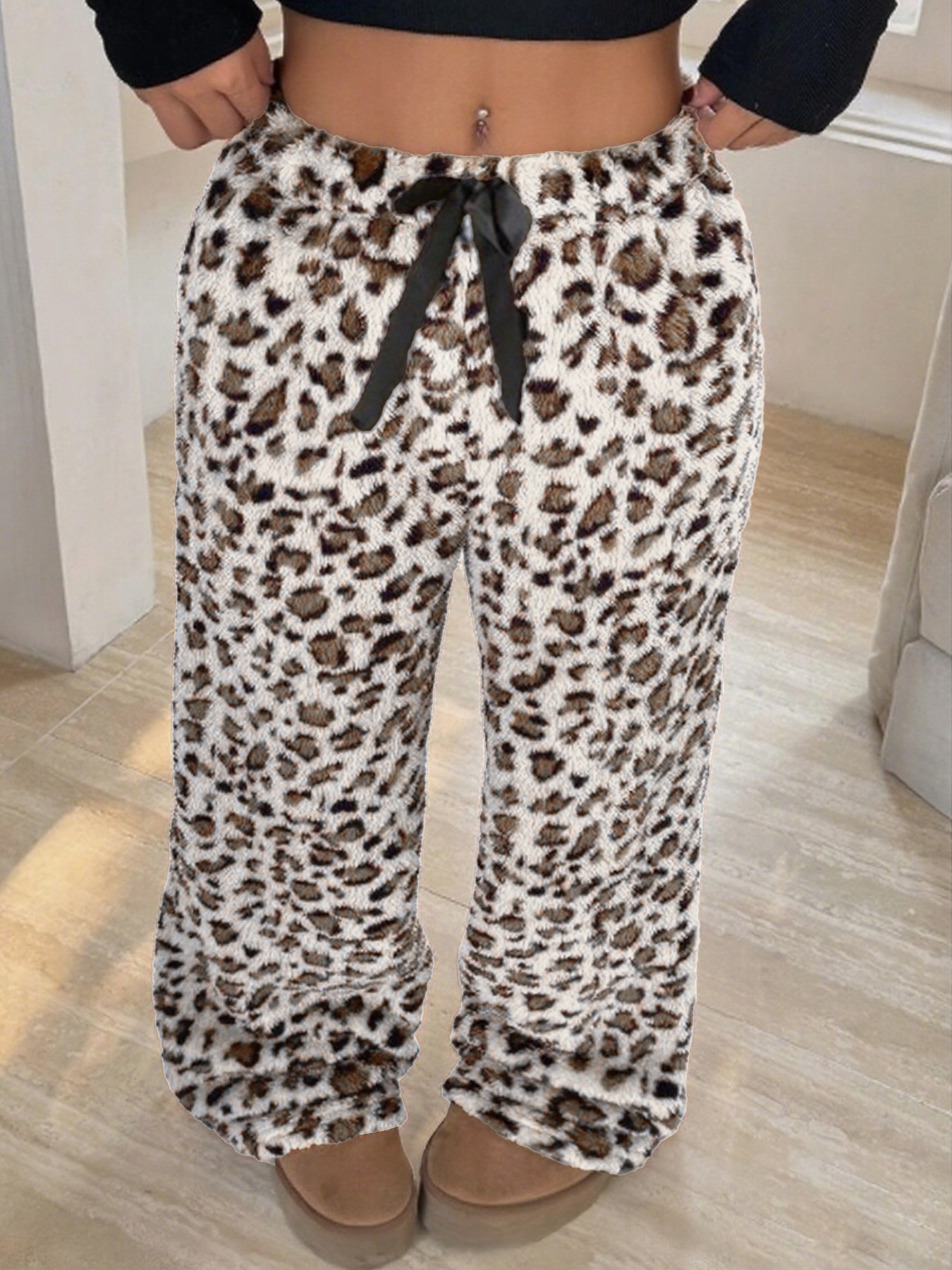 Leopard Print Fuzzy Wide Leg Pants with Drawstring Waist