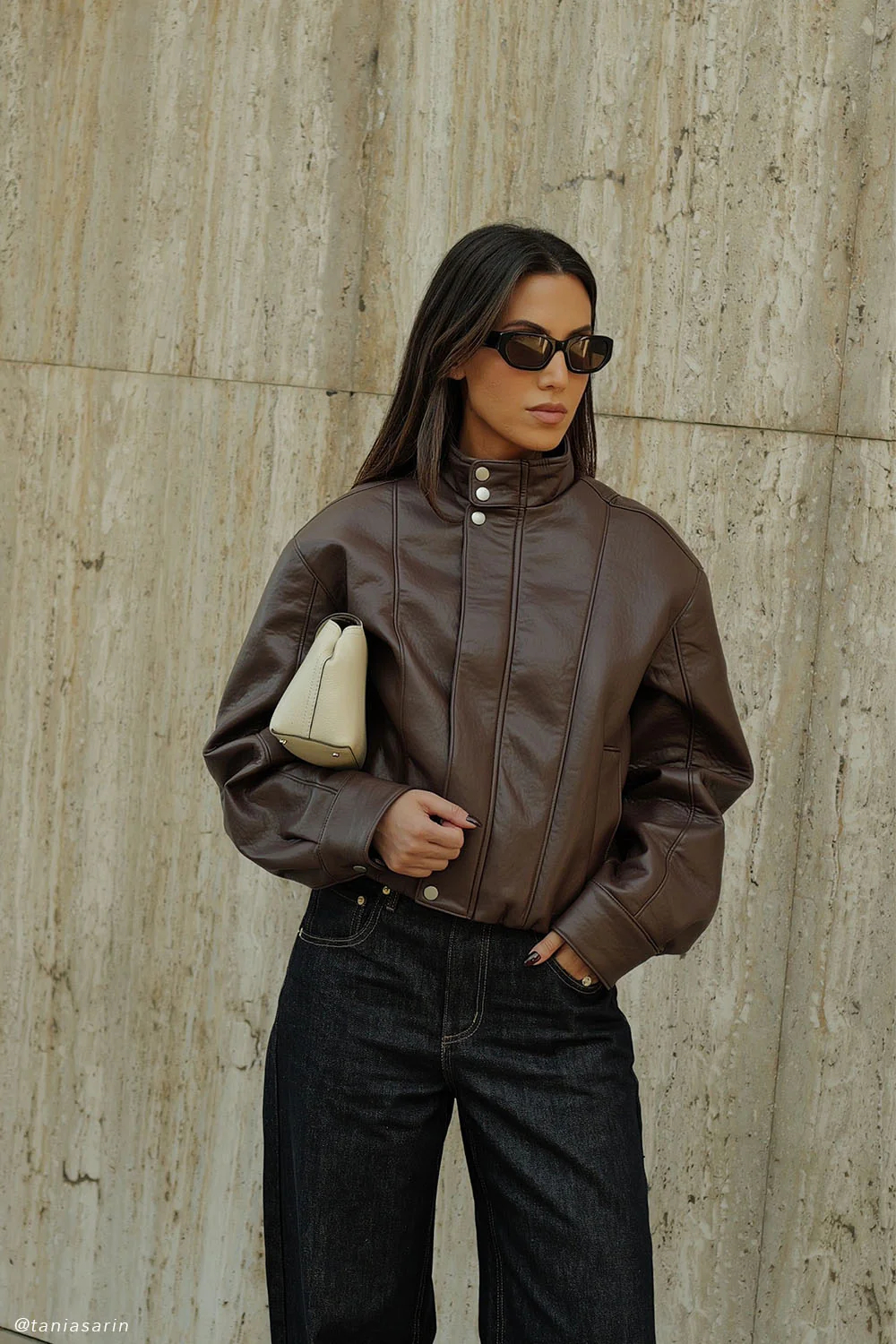 Woman's Vintage Relaxed Fit Stand Collar Short Leather Jacket : Oversized Genuine Leather Bomber