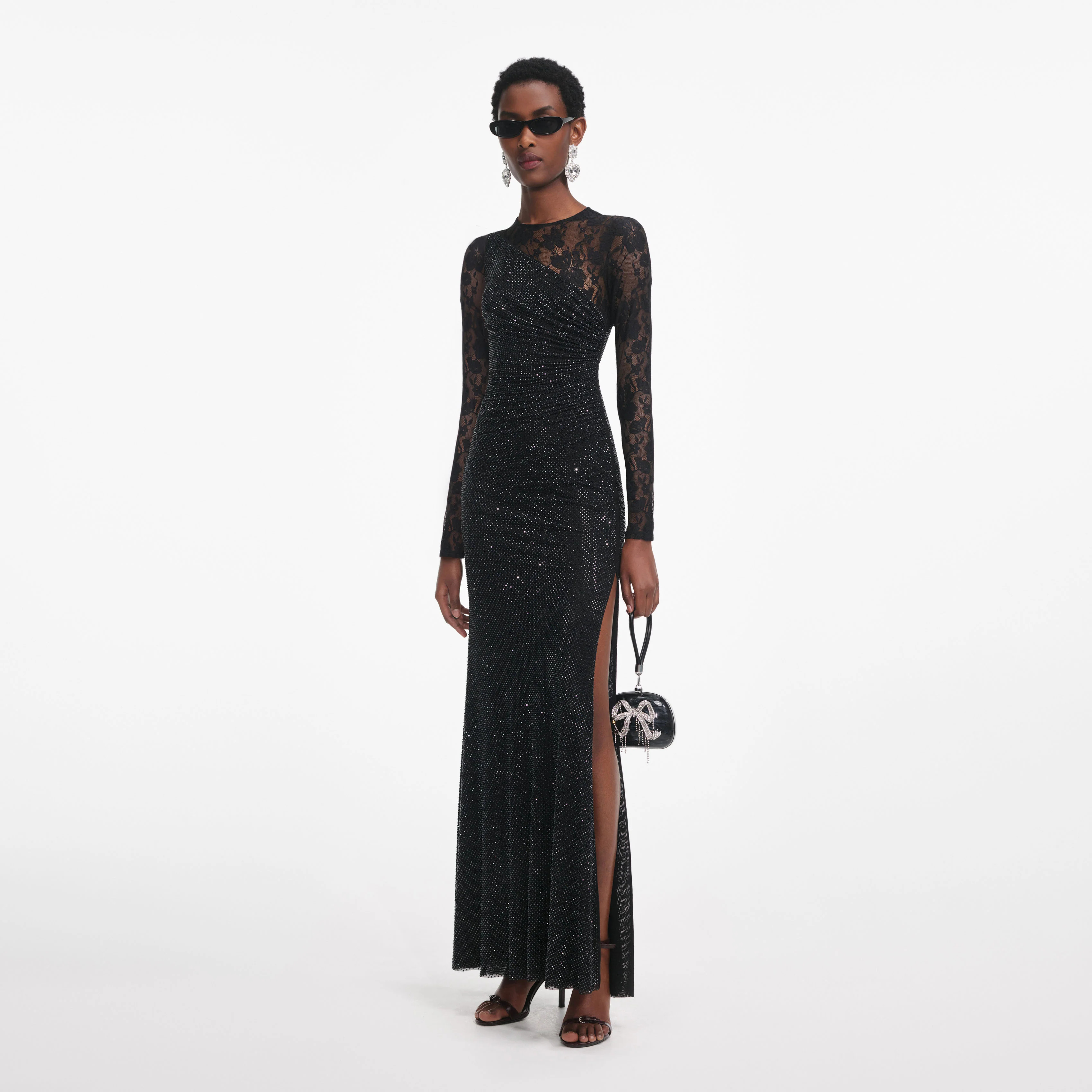 Woman's Light Luxury Sparkle Black Rhinestone Dress: Lace-Sleeve Ruched Slit Maxi Dress
