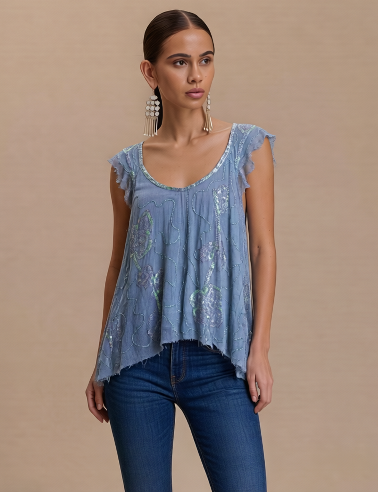 Sequin Floral Embroidered Flutter Sleeve Blouse