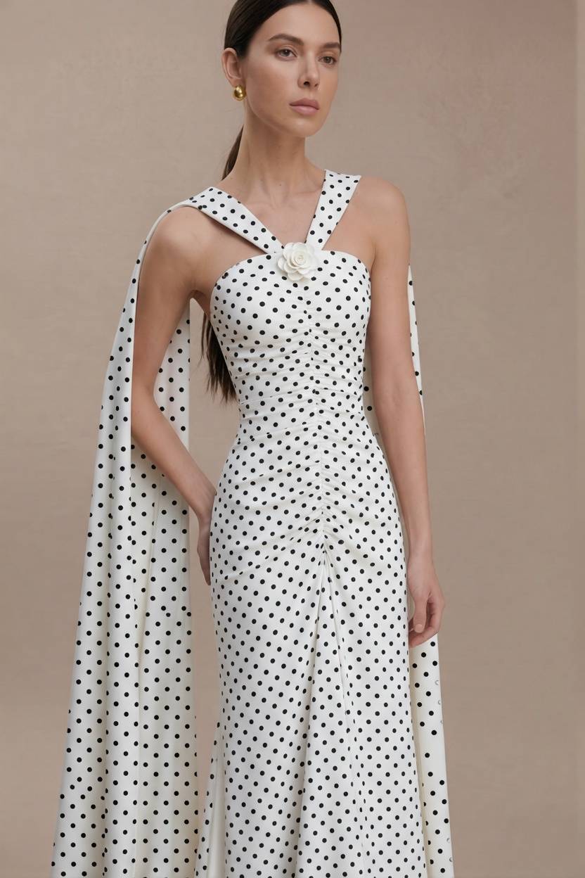 2026 Spring Summer Vintage Hepburn Style Polka Dot Maxi Dress - Halter Neck, Off-Shoulder Sleeves & Shirred Waist-Aetheryn