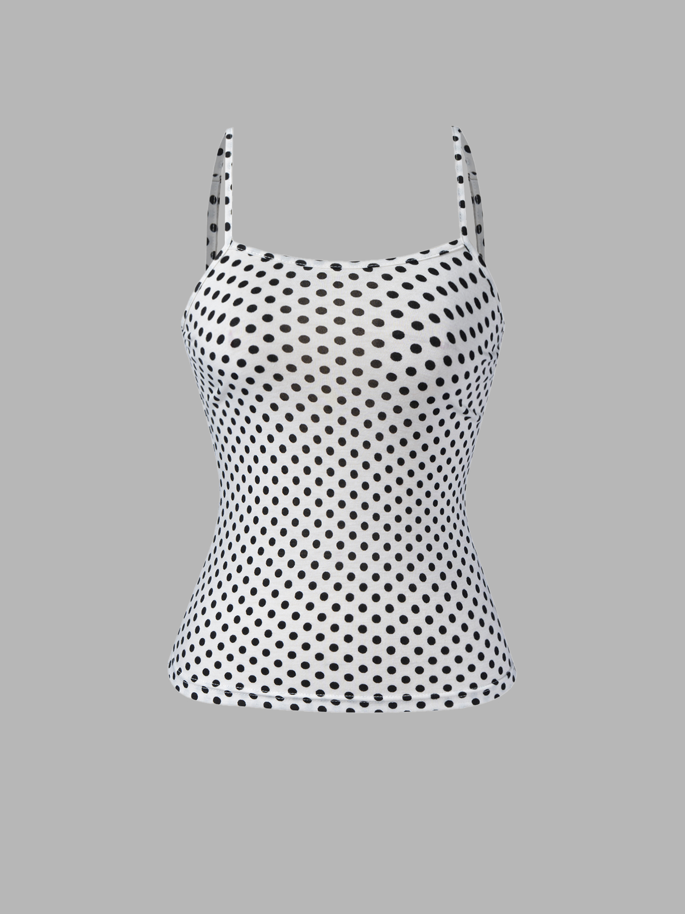 Women's White Spaghetti Strap Top with Black Polka Dot Print