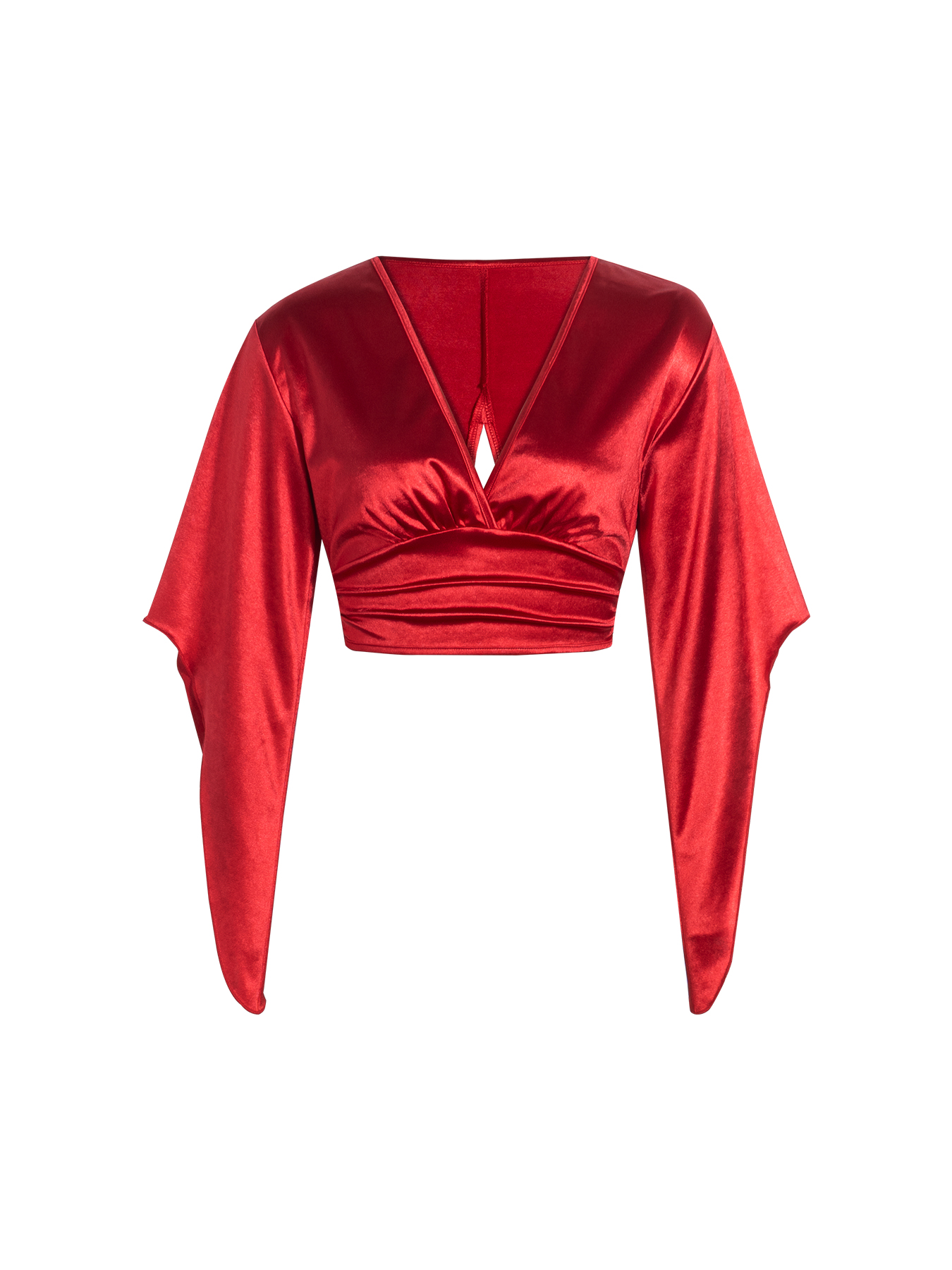Women's Red Satin Deep V-Neck Bell Sleeve Crop Top