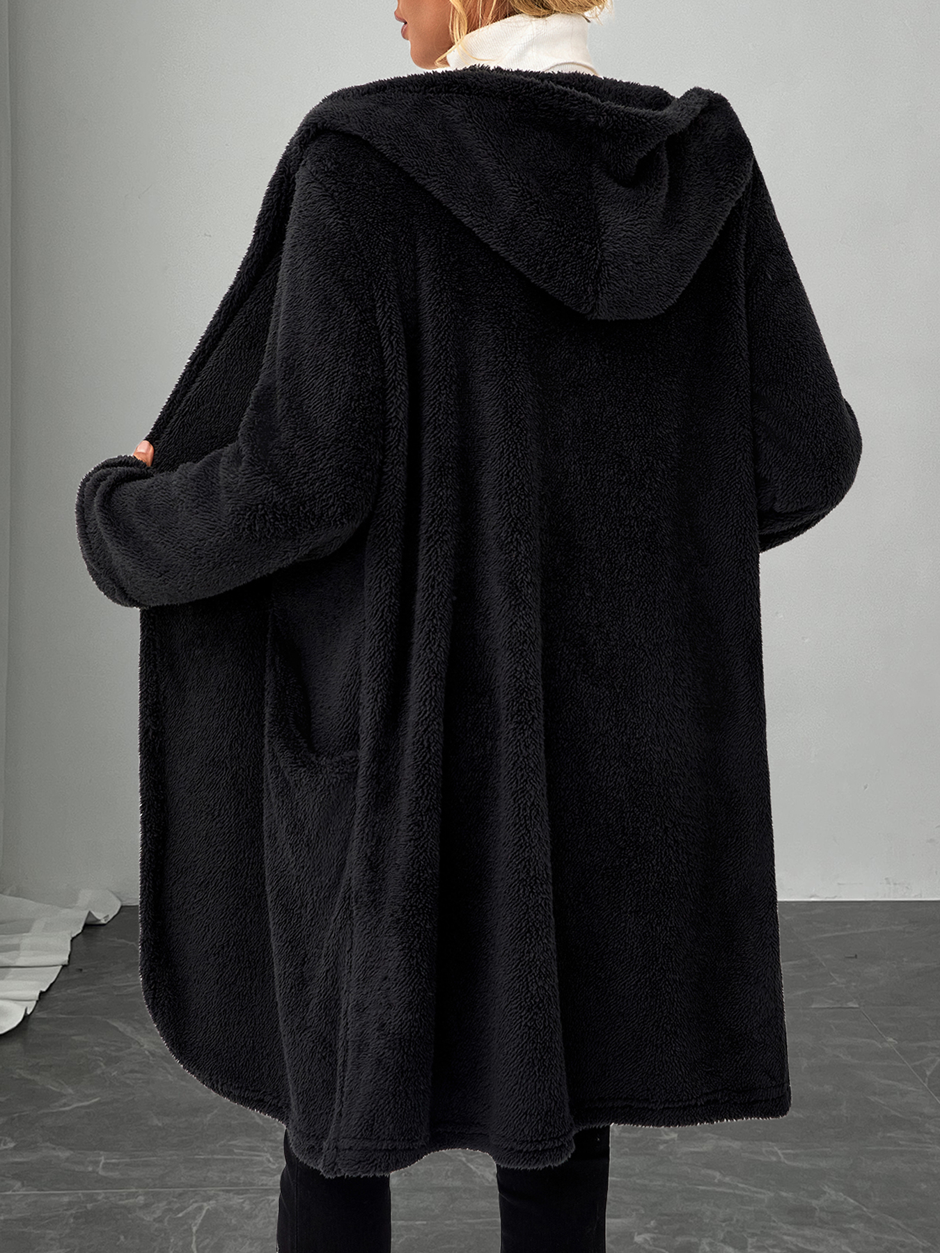 Women's Black Fuzzy Hooded Open-Front Long Coat