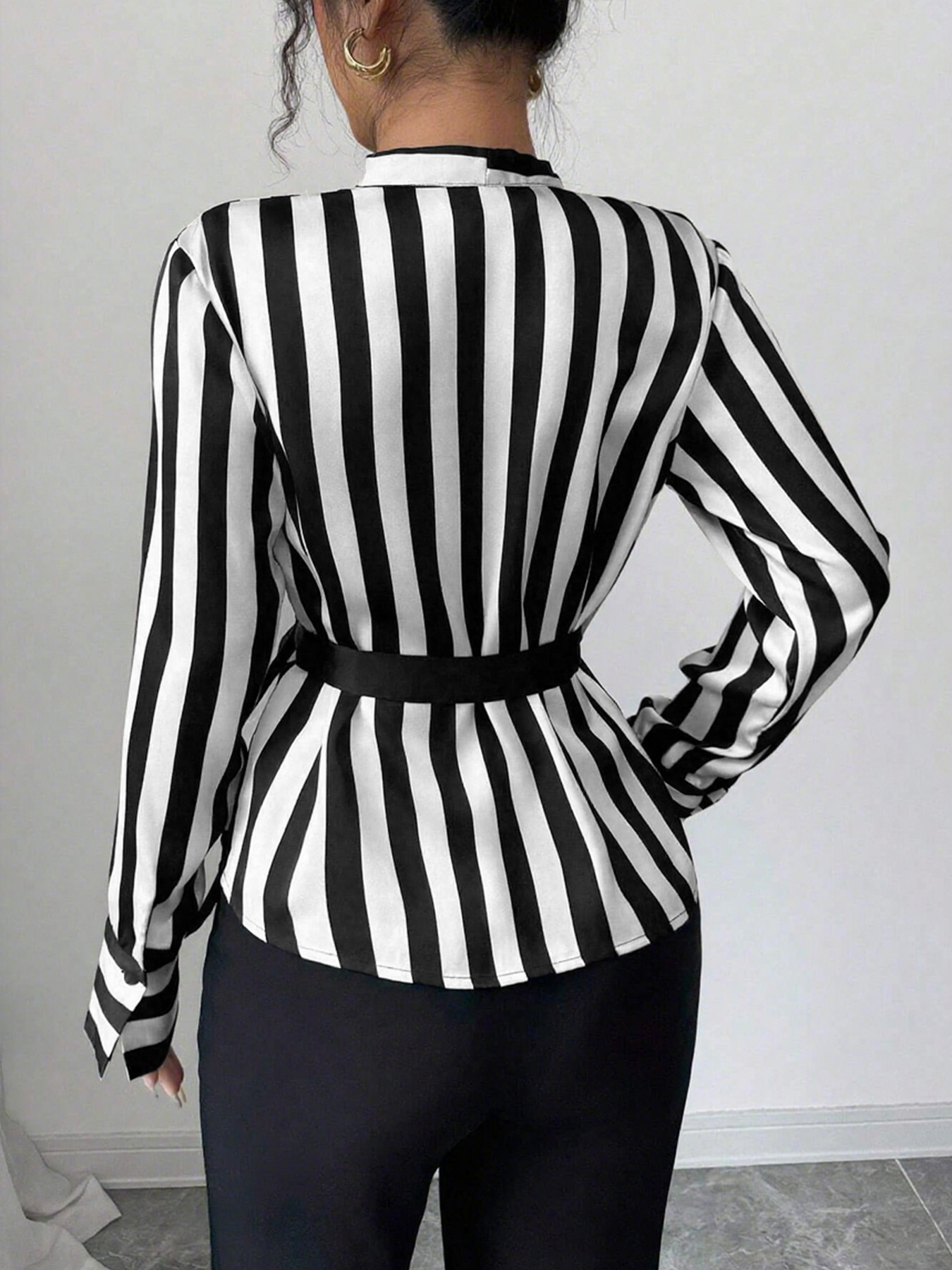 Women's Black White Striped Wrap Satin Blouse