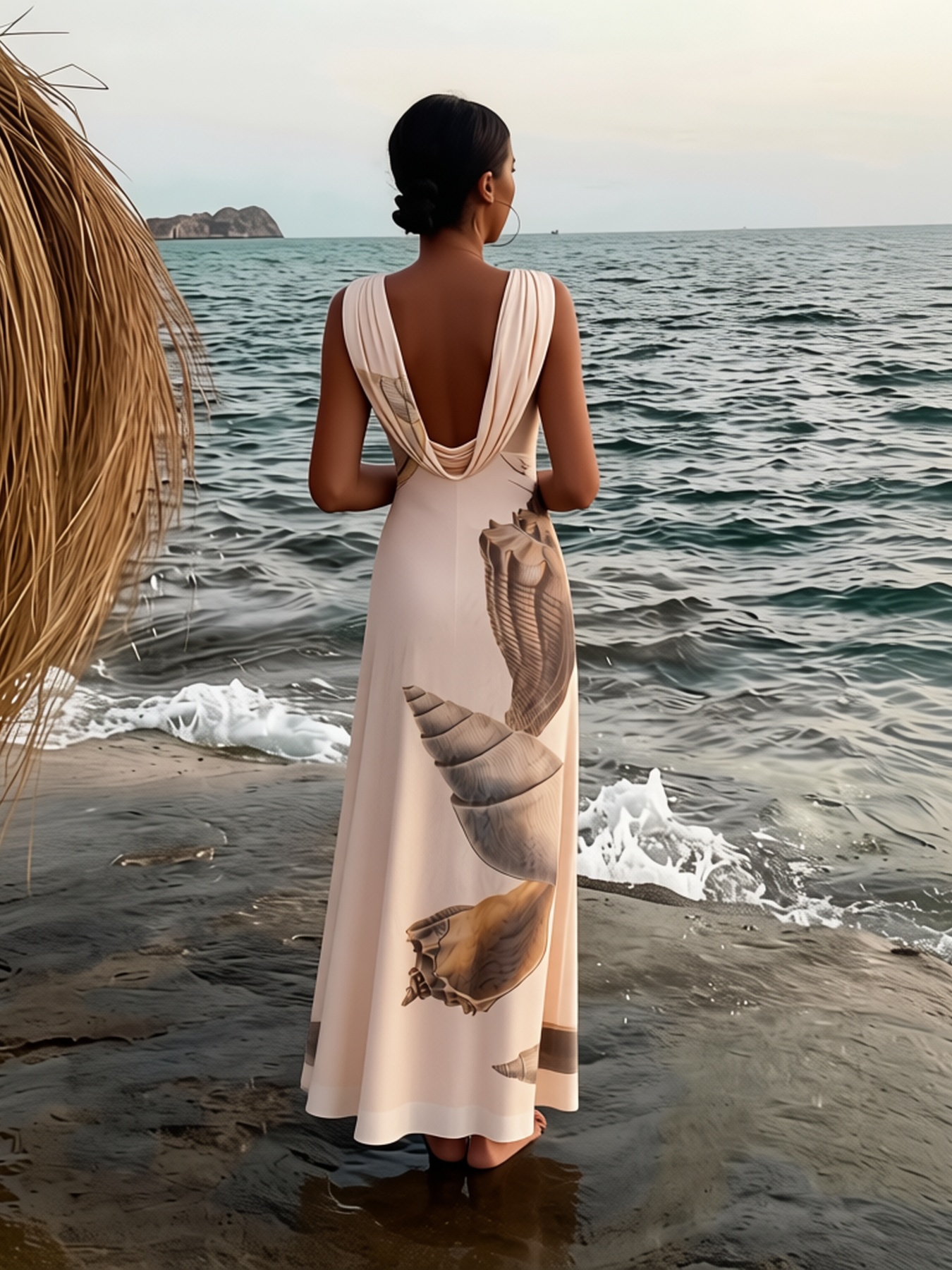 2026 Spring Summer Beach Holiday Shell Halter Dress - Relaxed Fit Slim Midi in Soft Beige