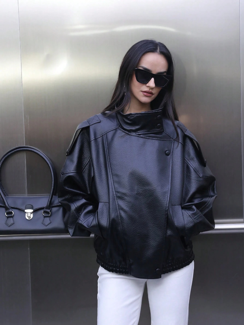 Woman's Leather Stand-Collar Oversized Jacket with Epaulet & Drawstring Hem
