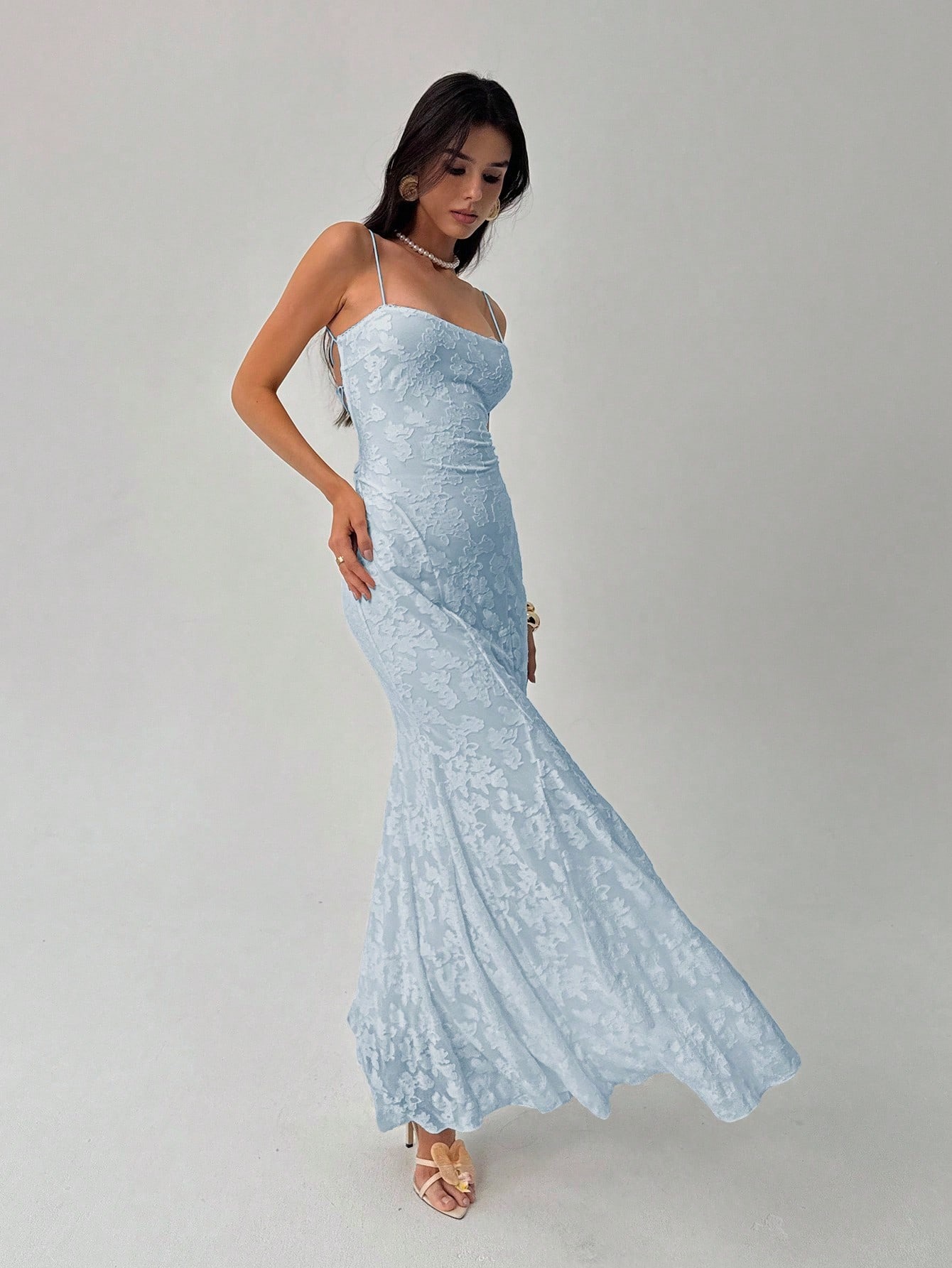 Light Blue Jacquard strap dress, slim fish tail dress, engagement dinner party temperament elegant dress-Aetheryn