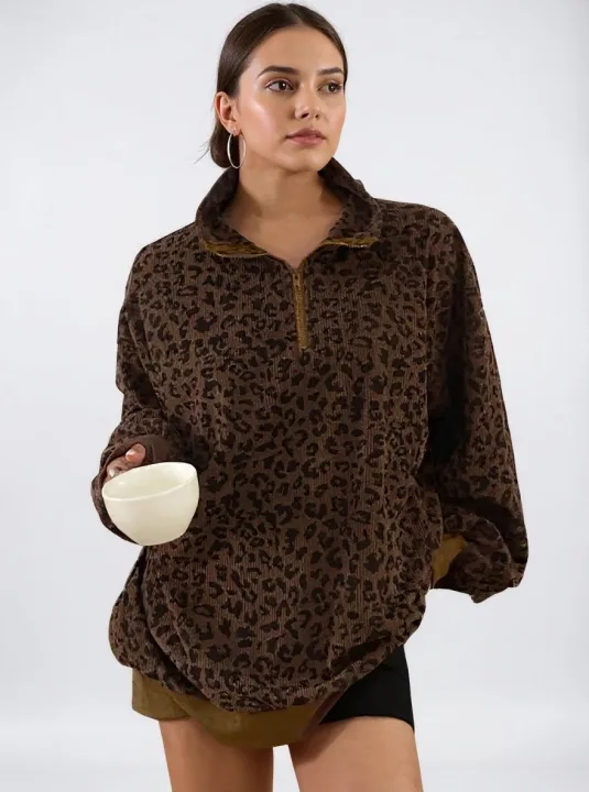 Women's Leopard Half-Zip Collared Sweatshirt