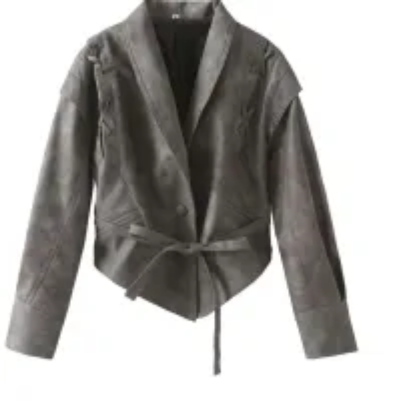 Woman's Faux Leather Lace-Up Detail Belted Cropped Jacket