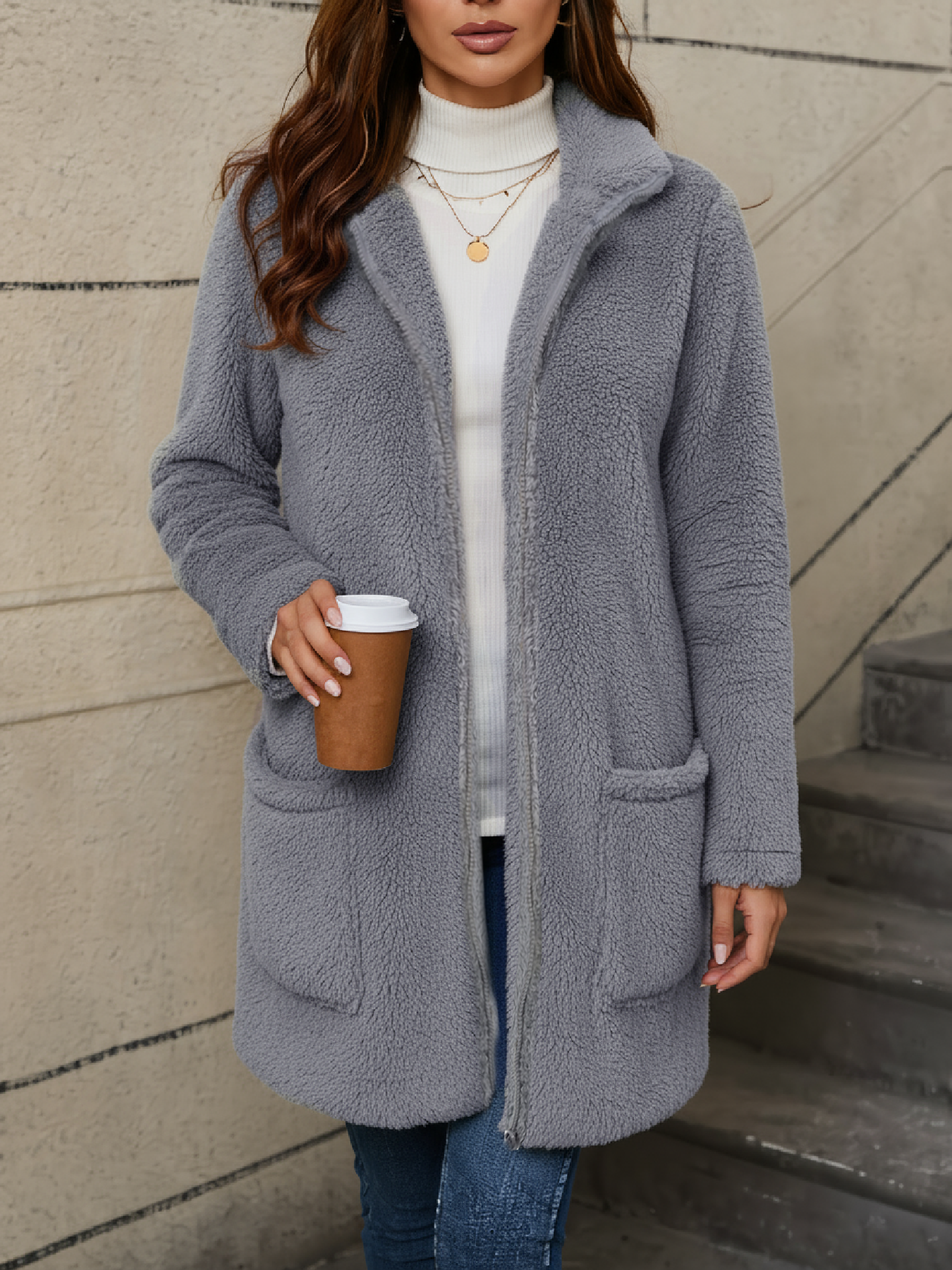 Women's Gray Fleece Zip-Up Longline Teddy Coat