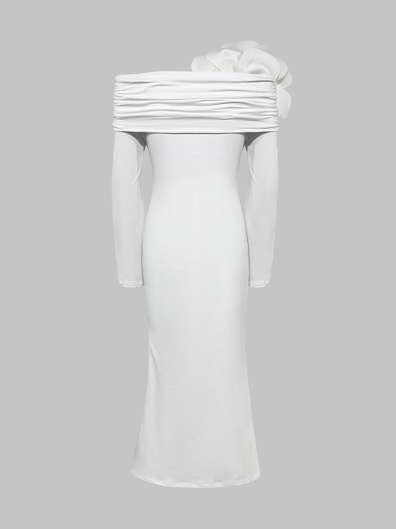 Women's White Off-The-Shoulder Long Sleeve Maxi Dress with Floral Applique