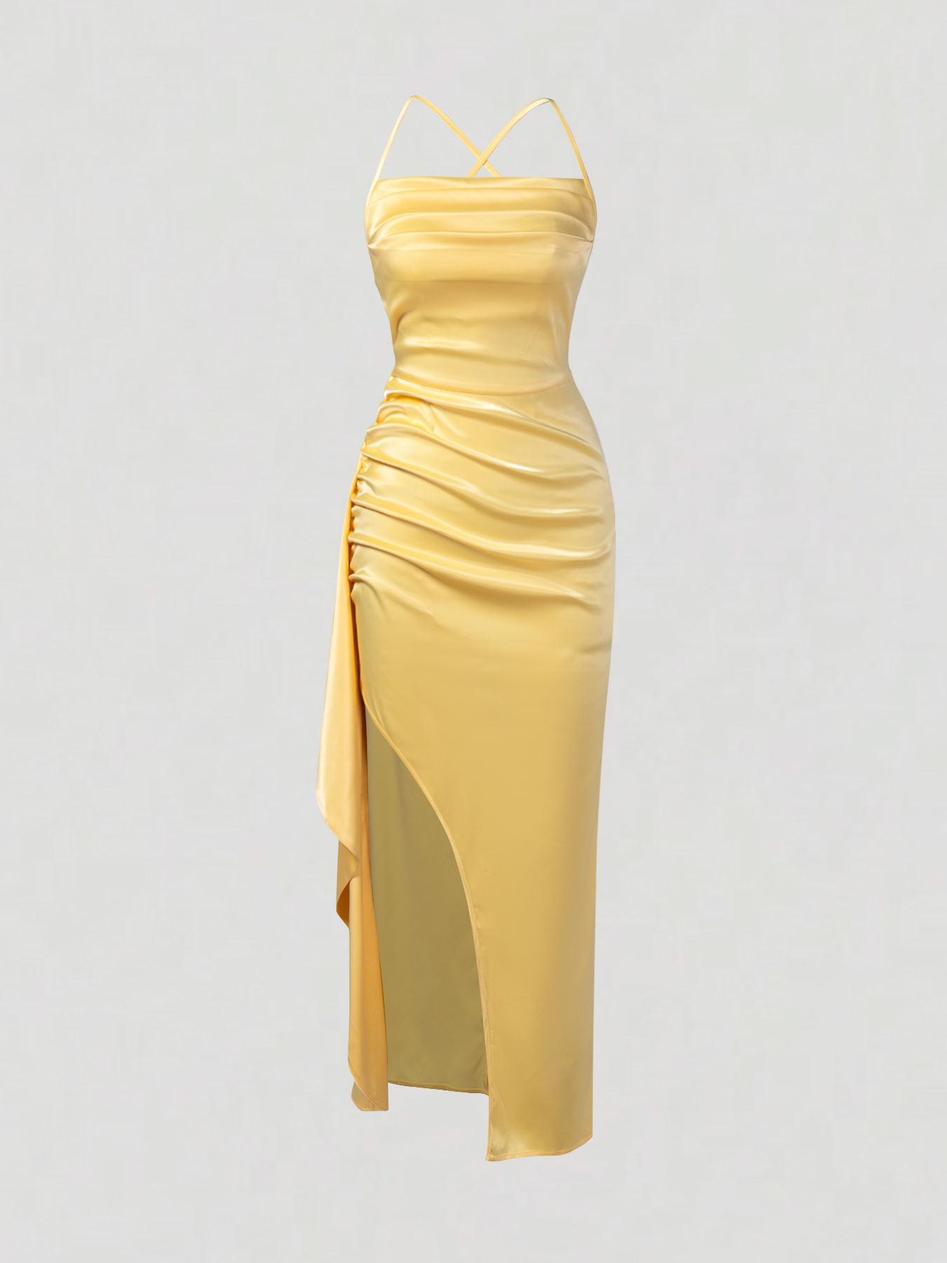 Woman's Yellow Satin Cowl Neck Ruched High Slit Maxi Dress with Thin Straps