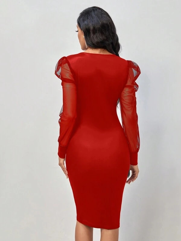 Women's Red and White Rose Print Mesh Long Sleeve Bodycon Dress