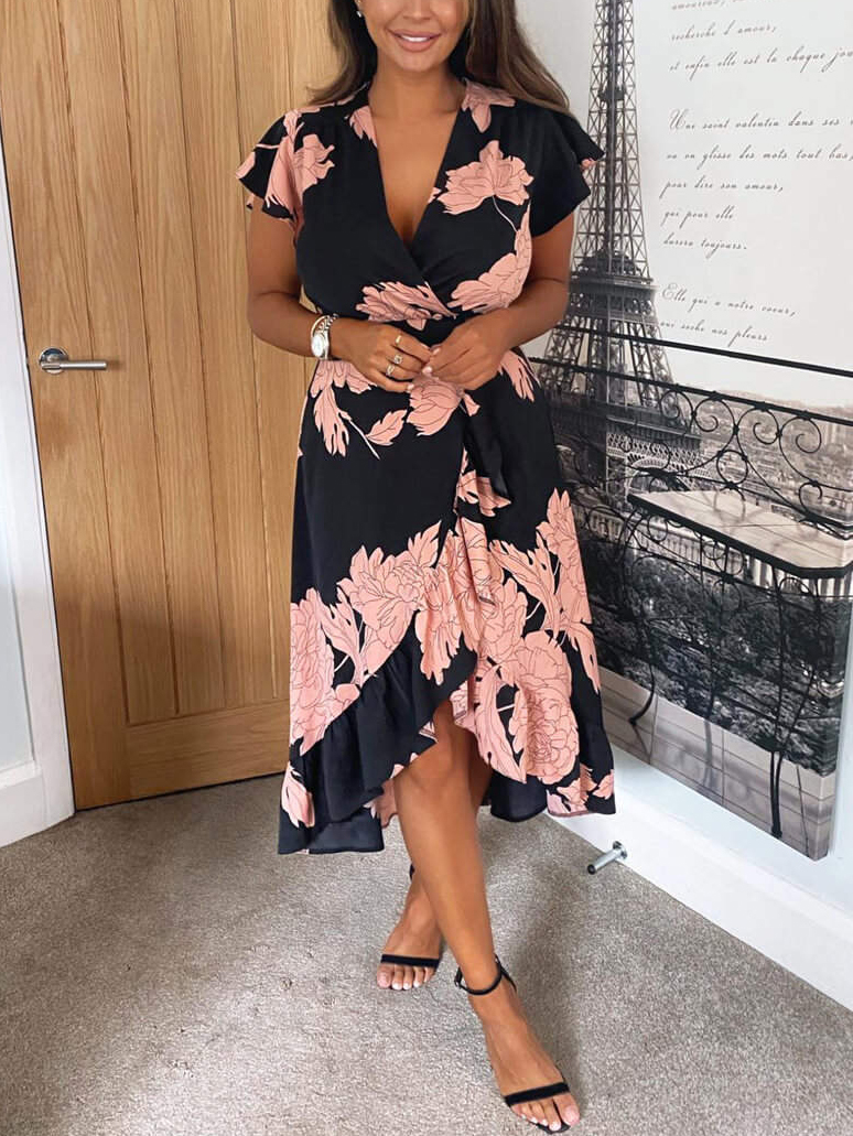 Black and Blush Floral Print Wrap Midi Dress