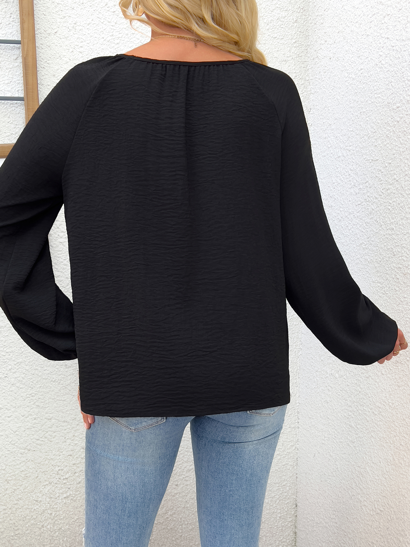 Women's Black Tie Front V - Neck Lantern Sleeve Blouse