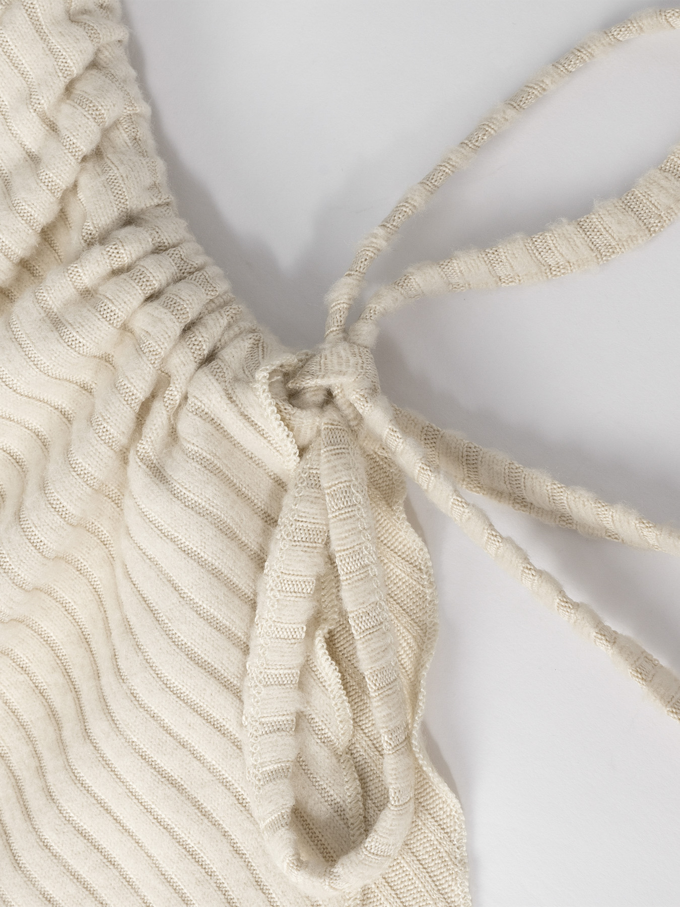 Y2K Cream Ribbed Cowl Neck Side Tie Asymmetrical Hem Top